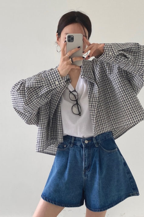 ᴴᴼᵀ ▸▸店長推薦◃◃ 春夏新款/前短後長澎袖格子襯衫 MANIFEST正韓🇰🇷