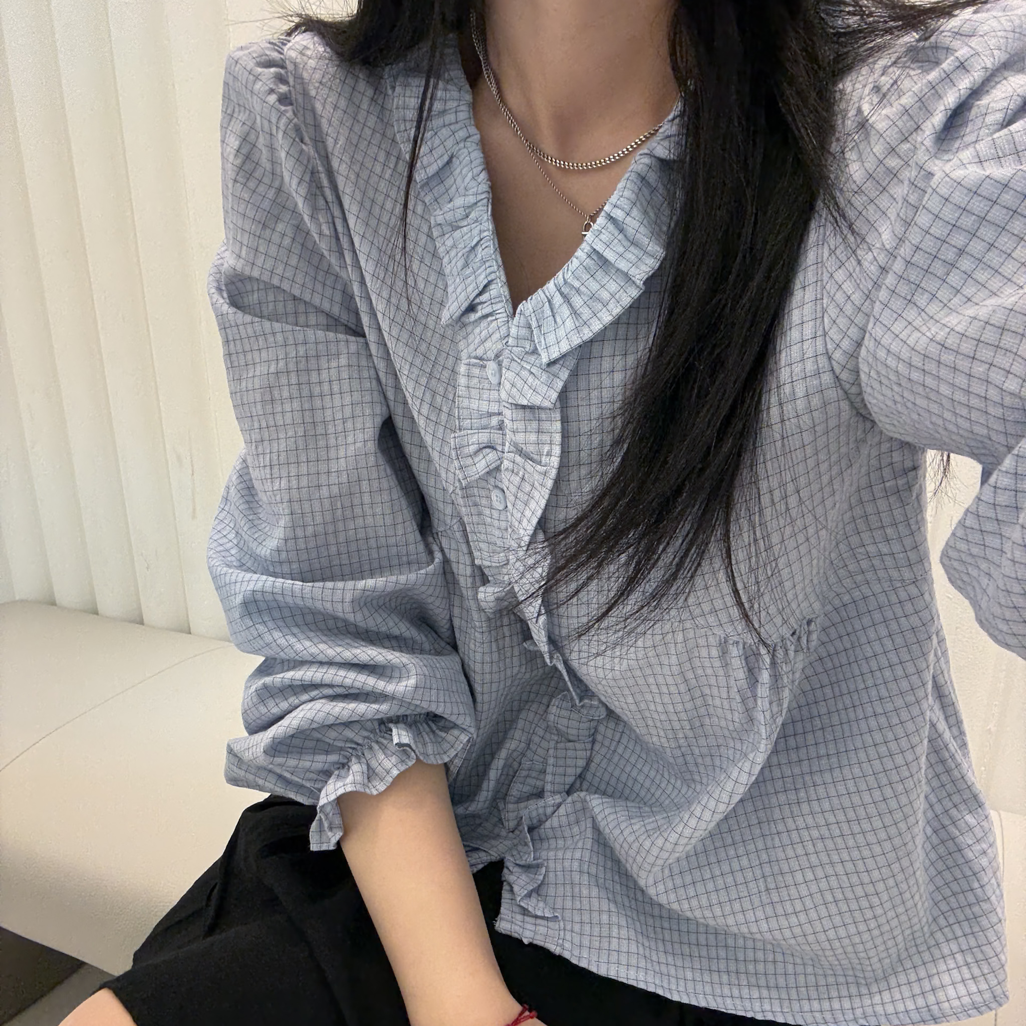 M24 花邊細格領衫(藍)