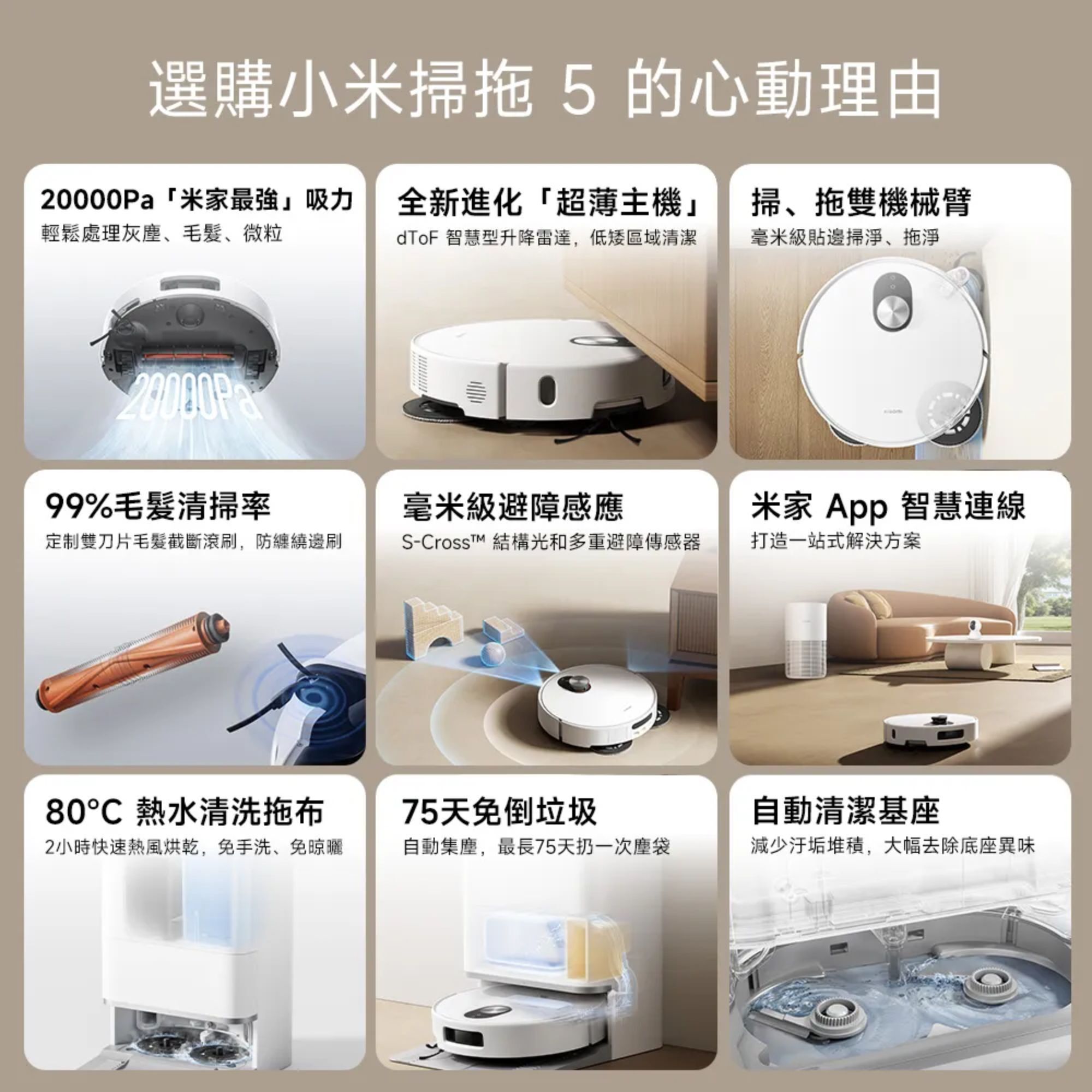 小米 Xiaomi 掃拖機器人 5 (超薄88mm/升降dToF/20000Pa吸力/80度熱水洗/伸縮機械臂/掃地機器人)