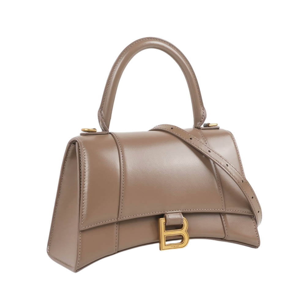 【Balenciaga】Hourglass 金釦光滑牛皮二用沙漏包(小款)(淺棕色)