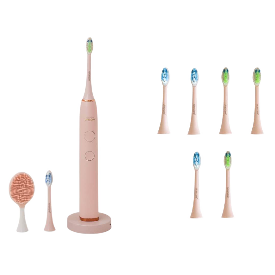 【Unicare】高效音波電動牙刷+原廠替換刷頭六入組  粉