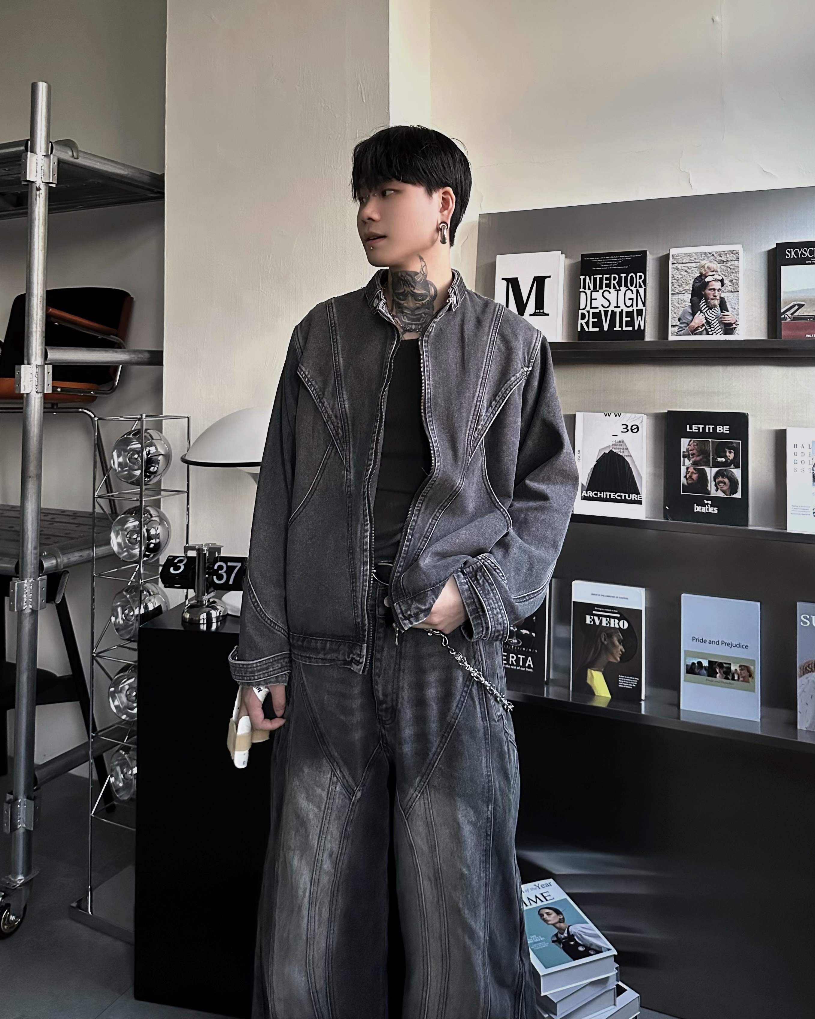 𝐇·𝐓·𝐒 韓國 立領鈕扣 不規則 解構設計 復古水洗 寬鬆 牛仔 外套