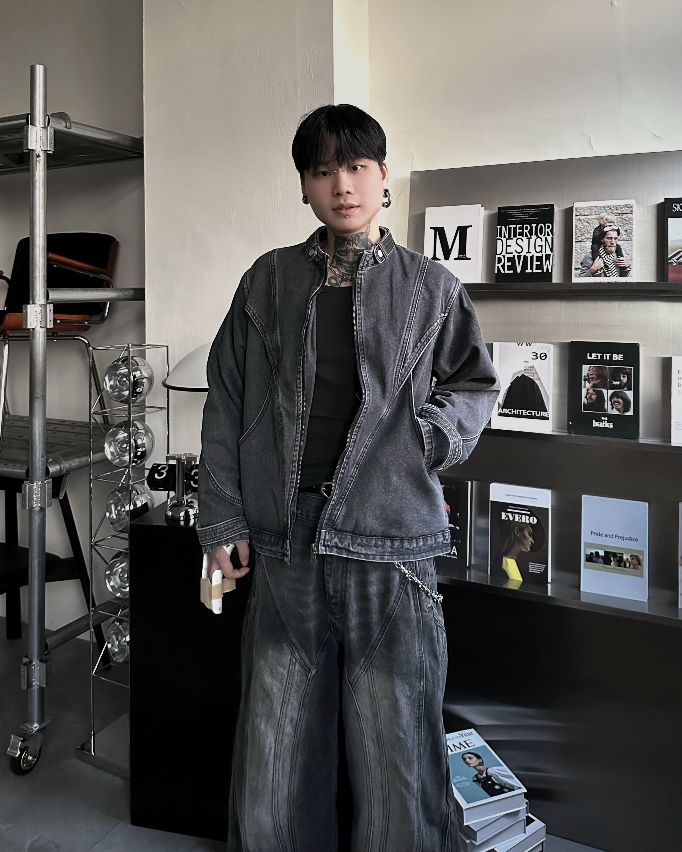 𝐇·𝐓·𝐒 韓國 立領鈕扣 不規則 解構設計 復古水洗 寬鬆 牛仔 外套