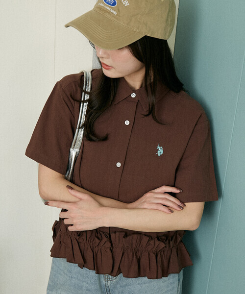 日本🇯🇵連線 U.S. POLO ASSN. × PUBLUX 刺繡荷葉邊下擺短袖襯衫 層次感 短袖 休閒 刺繡 襯衫 3色(任買兩件711免運)/預購