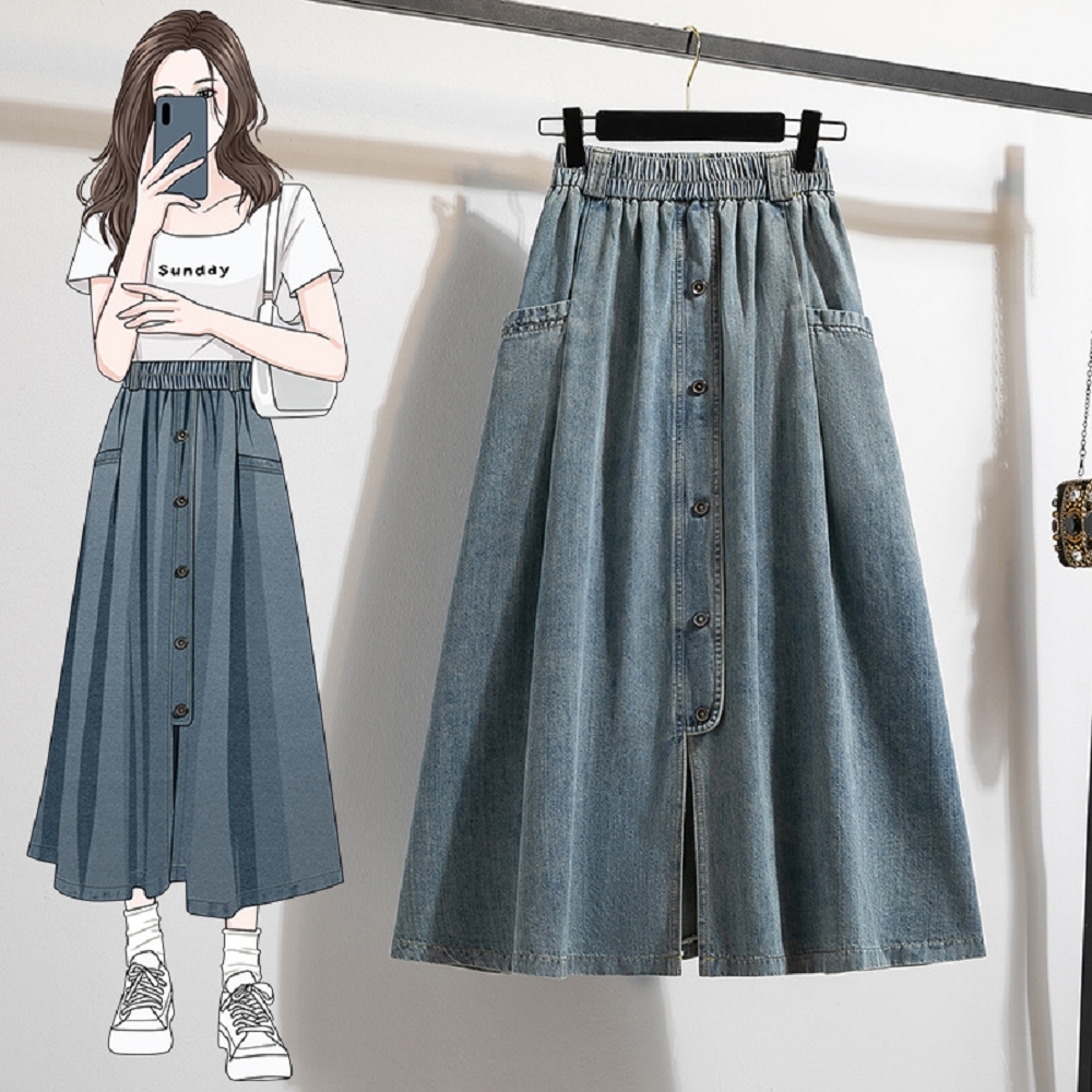 【ASister 小姊姊】AS2459#女裝｜中大尺碼裙子☆四釦A字顯瘦半身長裙(淺藍色 M-5XL)