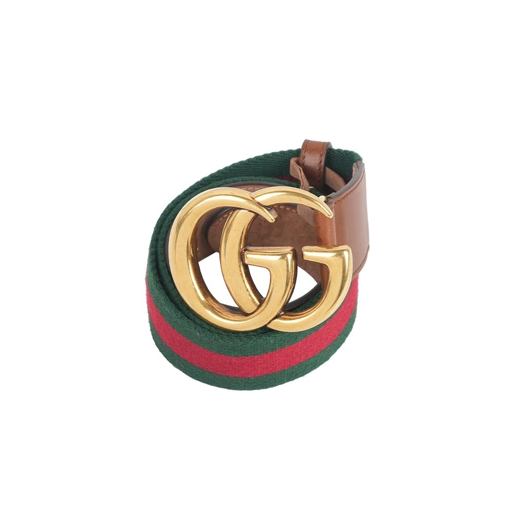 【GUCCI】金色GG Logo 綠紅帆布及皮革寬4cm皮帶 75cm(綠紅)