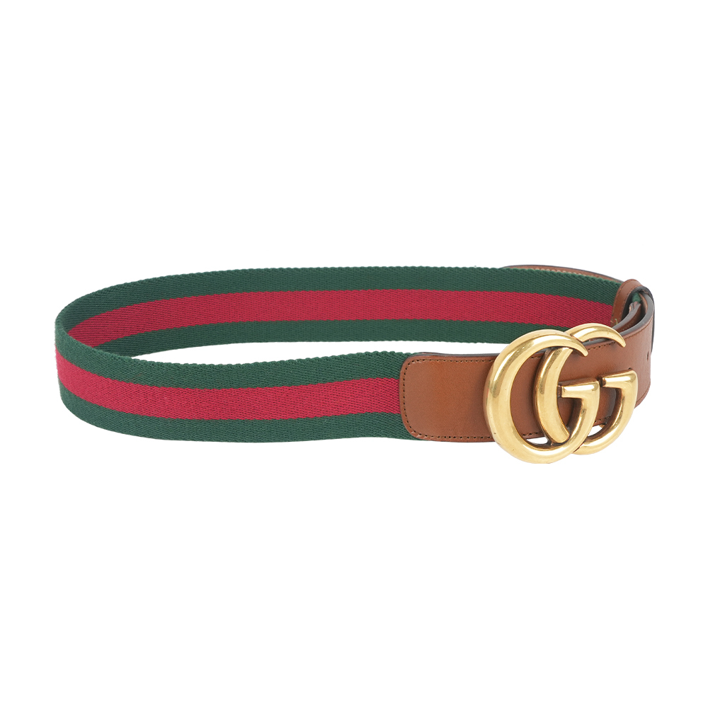 【GUCCI】金色GG Logo 綠紅帆布及皮革寬4cm皮帶 75cm(綠紅)