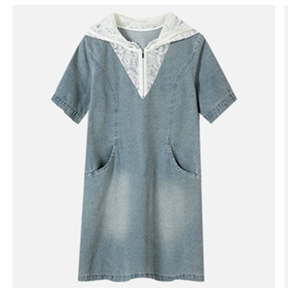 【ASister 小姊姊】AS2460#女裝｜洋裝☆蕾絲連帽拼接牛仔連身裙(圖片色 S-2XL)
