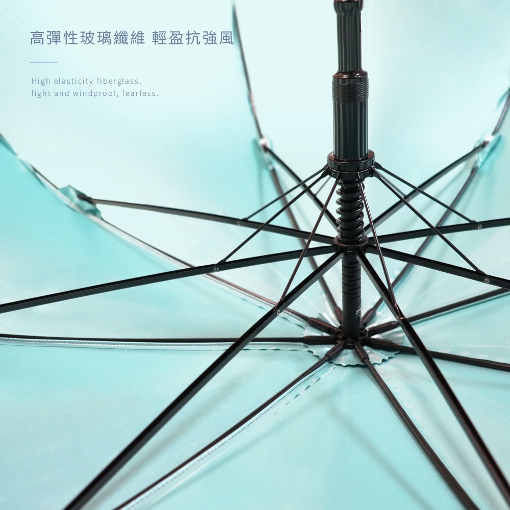 內層傘骨規格展示「高彈性玻璃纖維，輕盈抗強風」。英文標註 High elasticity fiberglass, light and windproof, fearless. 強調產品優化後的耐用度，370g 輕盈設計搭配強韌 FRP 傘骨，是兼具降溫功能與結構強度的專業涼感傘。