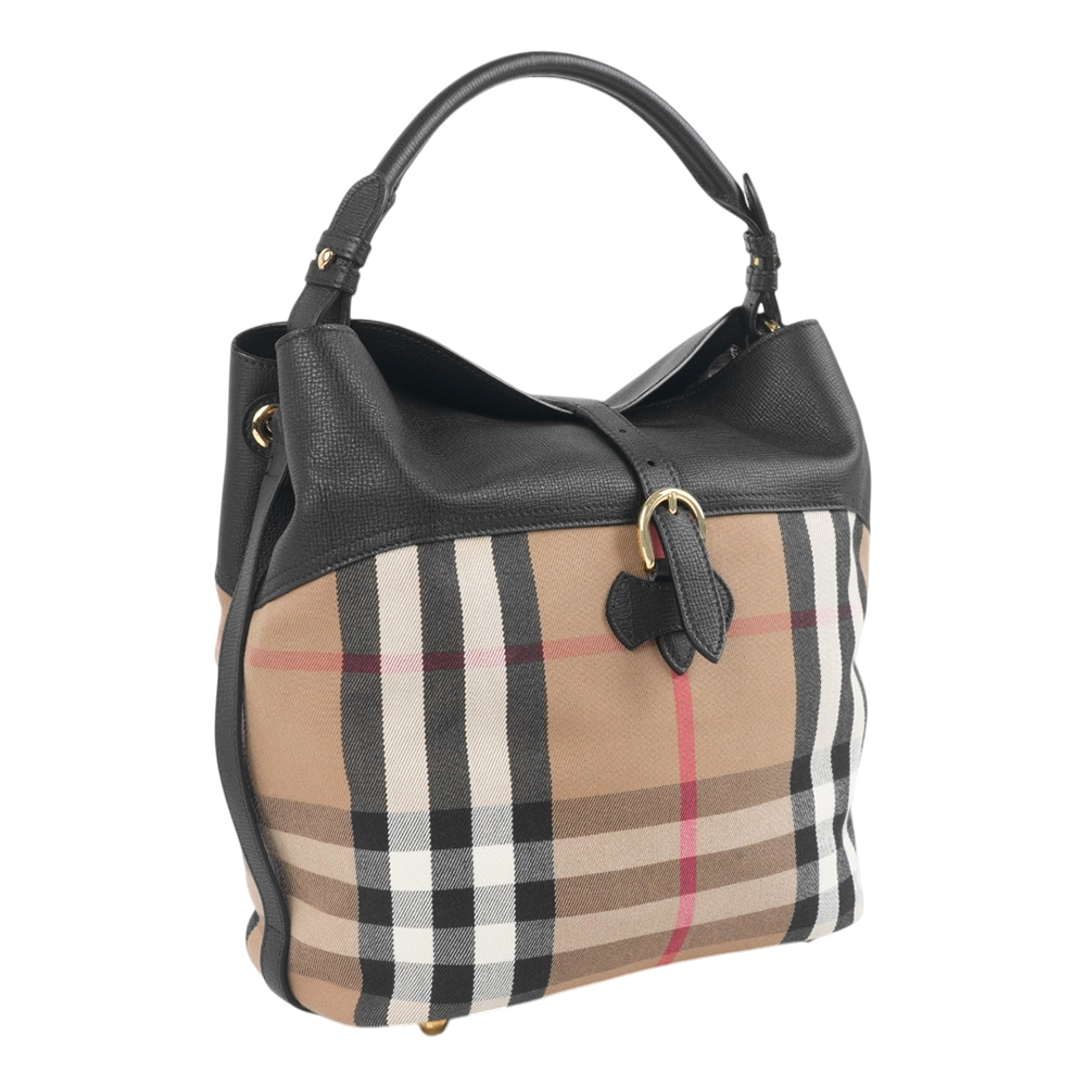 【Burberry】Sycamore 格紋帆布及牛皮中型 Hobo包(黑色)