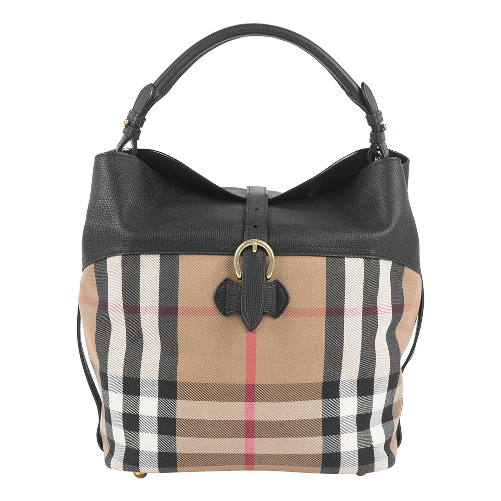 【Burberry】Sycamore 格紋帆布及牛皮中型 Hobo包(黑色)