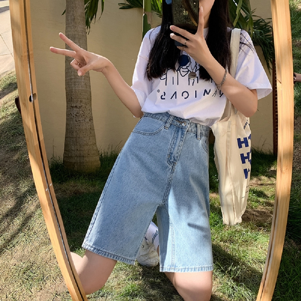 【ASister 小姊姊】AS2462#女裝｜休閒褲/短褲☆高腰直筒五分牛仔短褲(4色 XS-2XL)