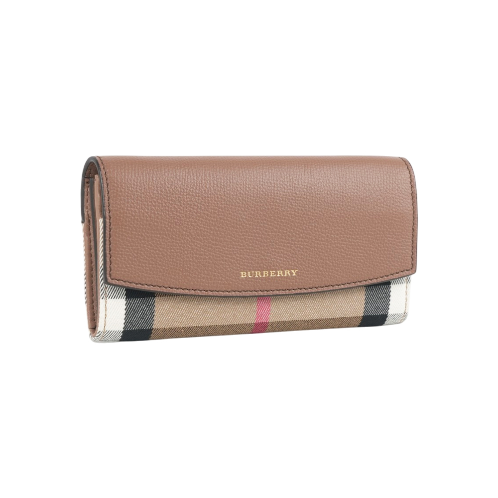 【Burberry】經典格紋帆布及牛皮二折釦式長夾(淺棕色)
