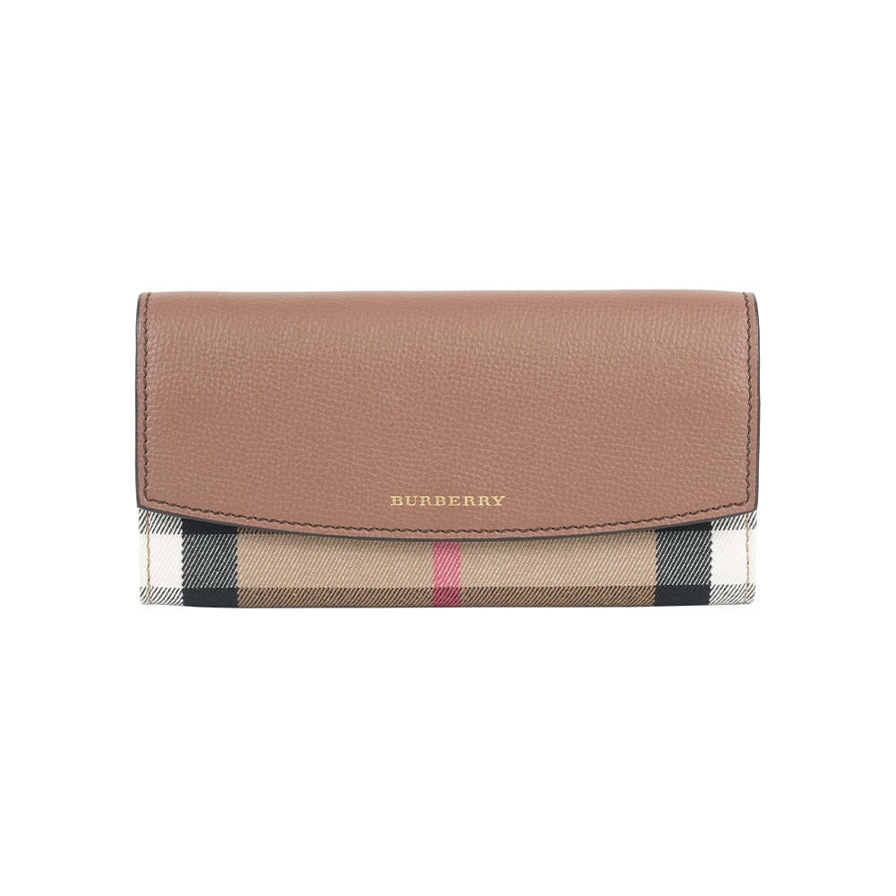 【Burberry】經典格紋帆布及牛皮二折釦式長夾(淺棕色)