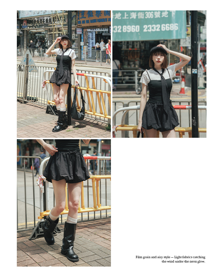 Balloon-shaped shorts skirt with ribbon ties, available in three colors.【04130335】in stock+pre-order