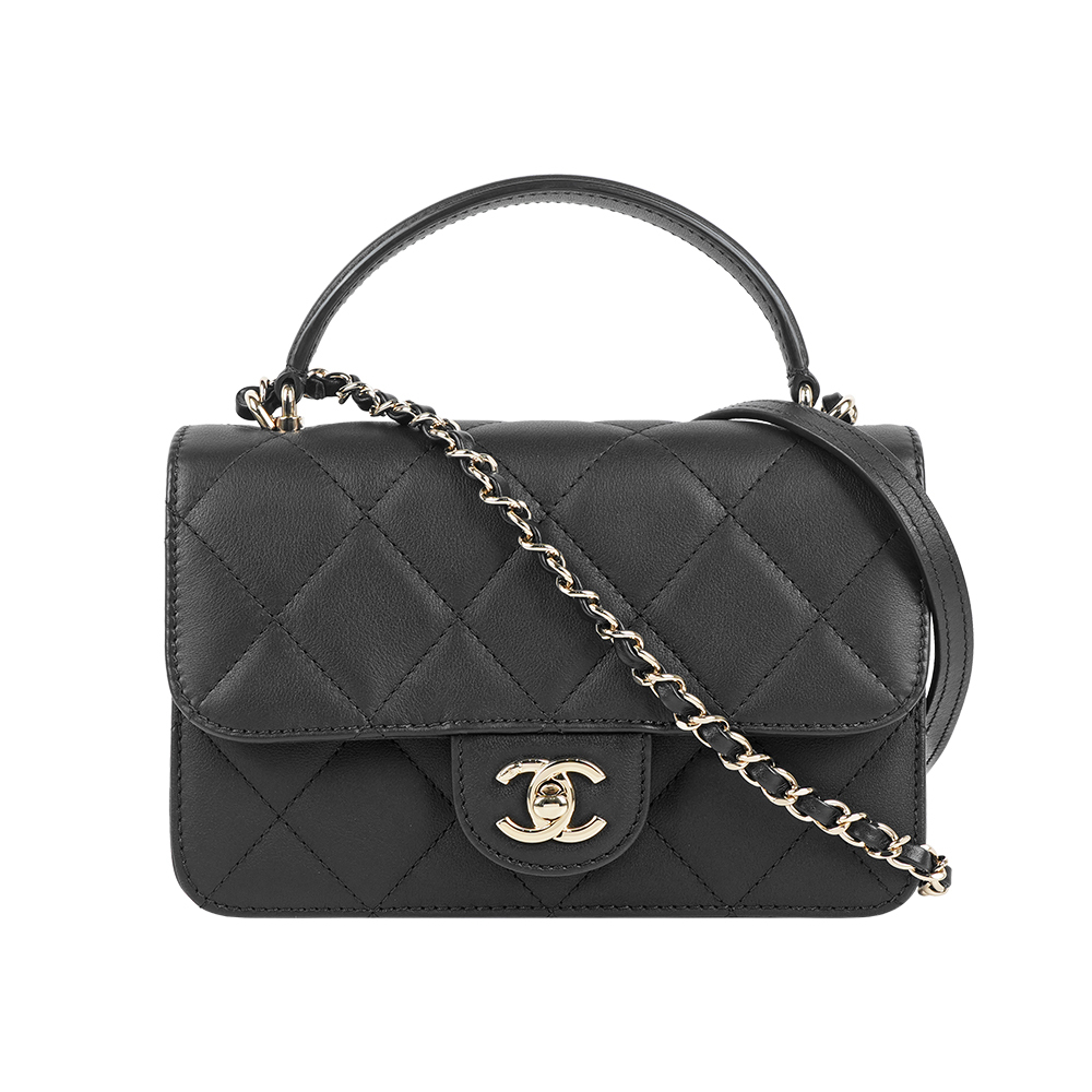 【CHANEL】淡金釦小牛皮大菱格紋Handle 手提/斜背包(黑色)