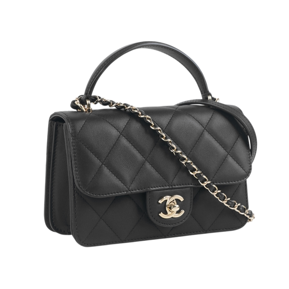 【CHANEL】淡金釦小牛皮大菱格紋Handle 手提/斜背包(黑色)