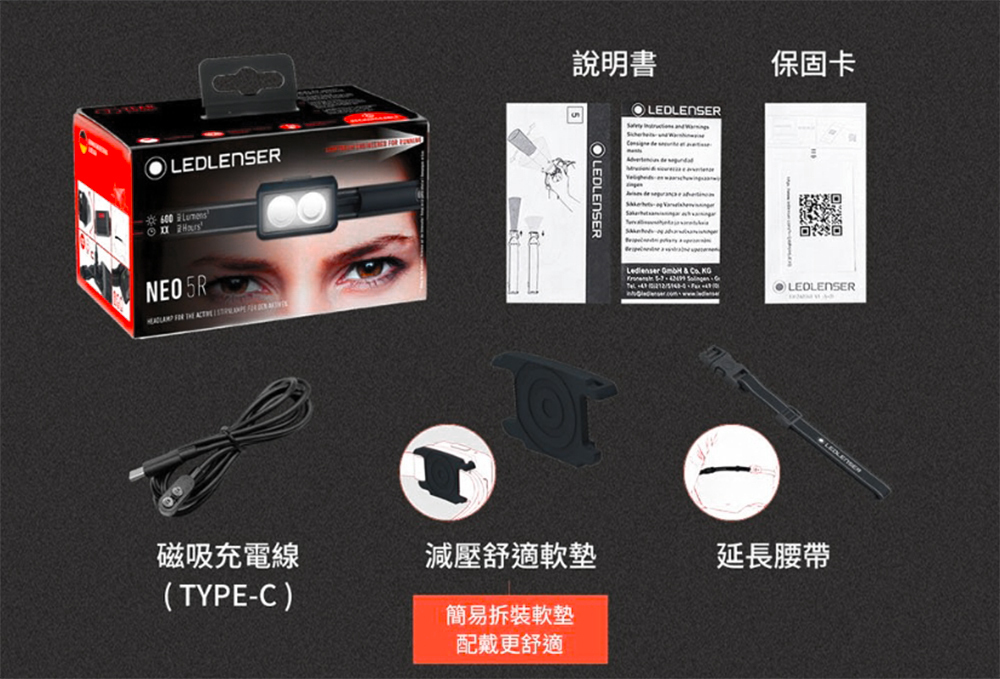 德國 Ledlenser】NEO5R 充電式慢跑頭燈（黑灰）