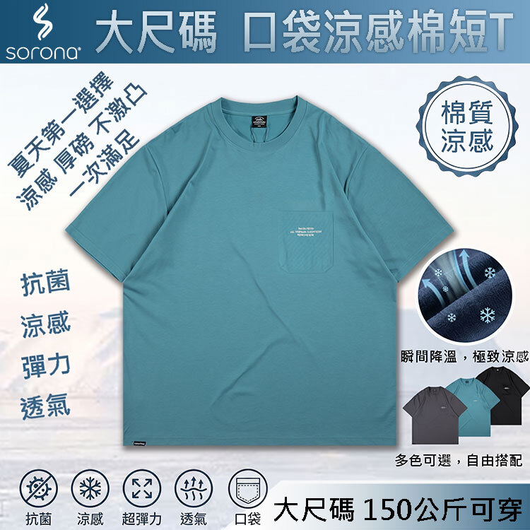 BIGSPACE 瞬間涼感 大尺碼口袋短T 150公斤可穿 索羅納SORONA 厚磅不激凸 抗菌吸濕排汗 冰涼棉質短袖