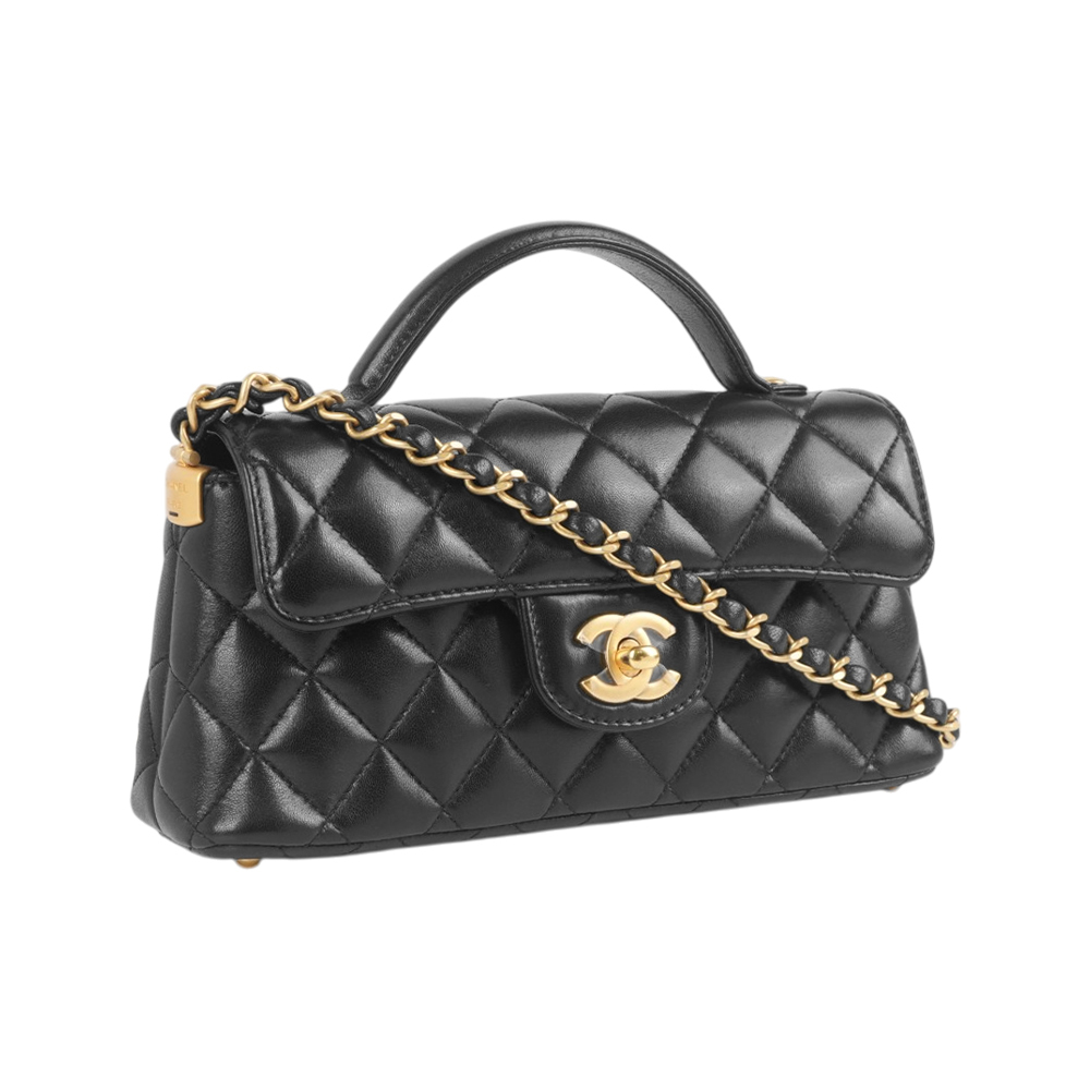 【CHANEL】25P Kelly 金釦菱格小羊皮迷你手把口蓋包(黑色)