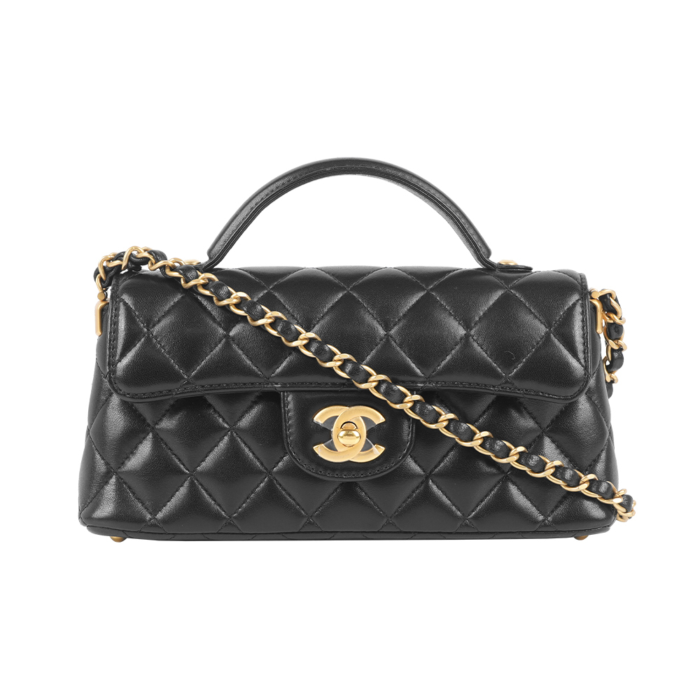 【CHANEL】25P Kelly 金釦菱格小羊皮迷你手把口蓋包(黑色)