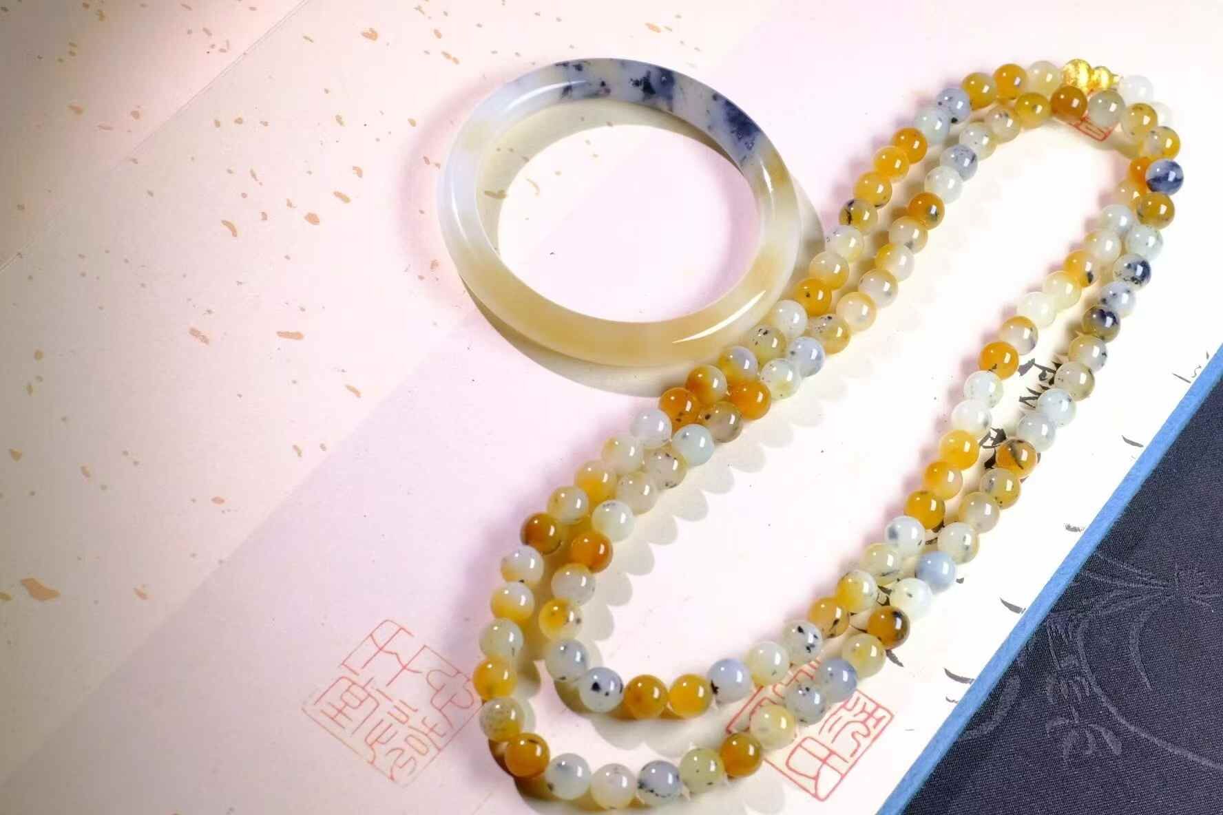 和田玉青花點墨套裝,天然和田玉軟玉