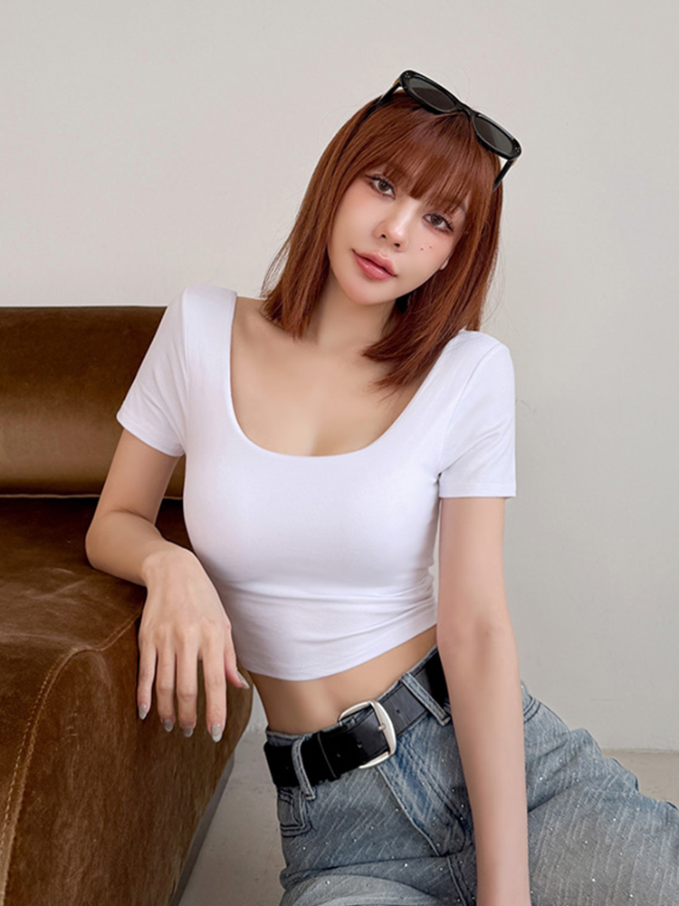 BB熱賣彈力棉 ! 素面大U領Bra T (4色，有胸墊)