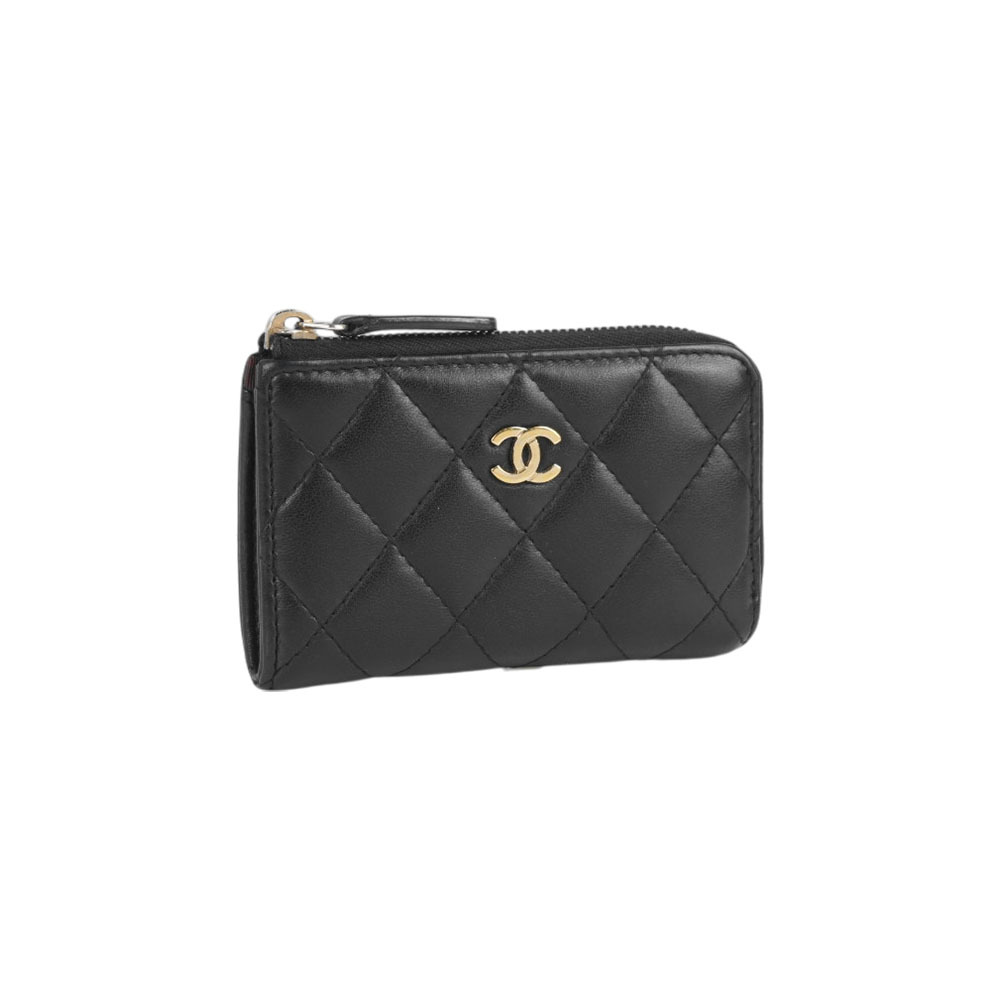 【CHANEL】淡金色 CC Logo菱格紋小羊皮L型拉鍊式零錢包/鑰匙包(黑色)