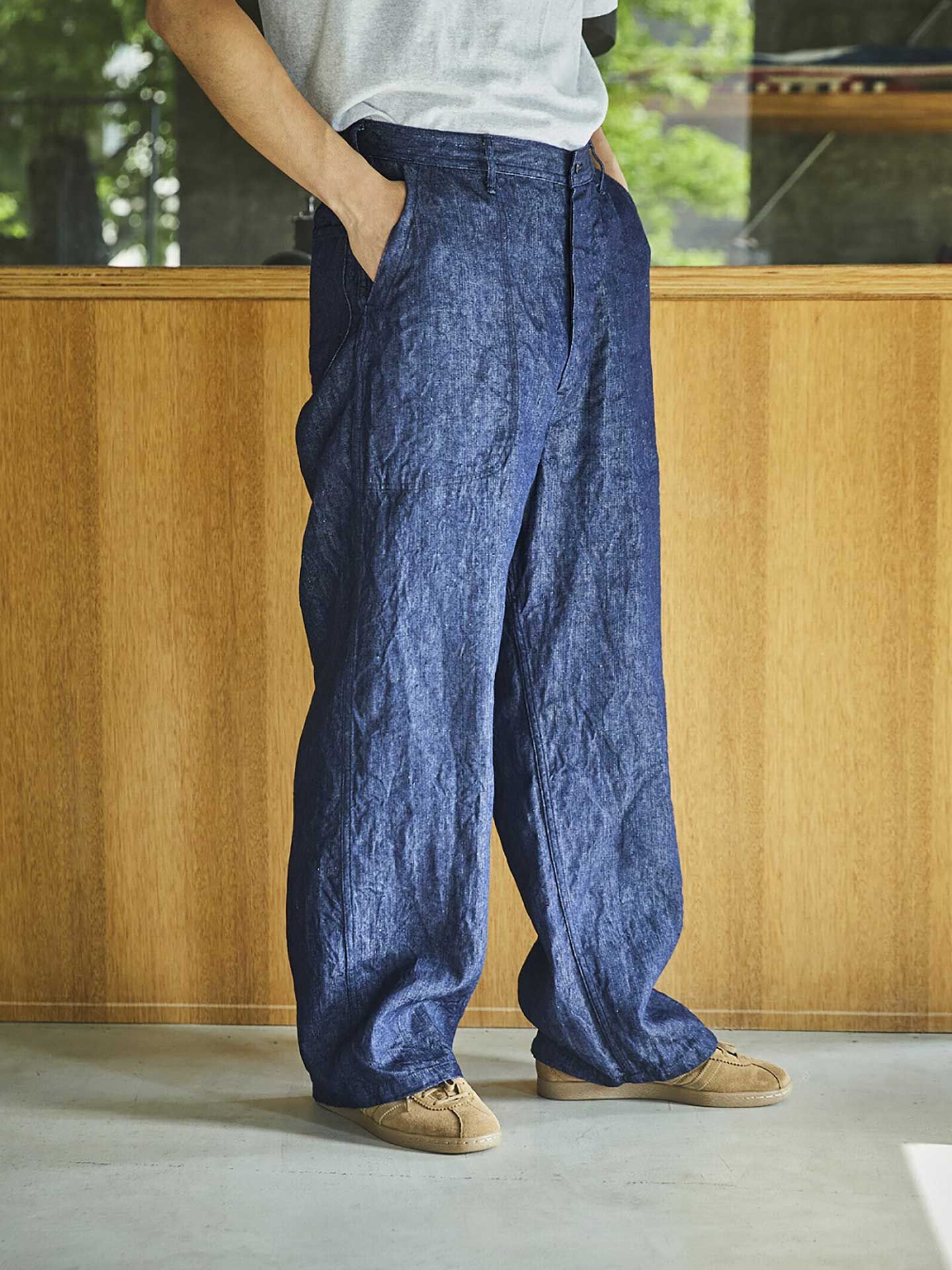 orSlow WWⅡ40'S U.S Navy Linen Denim Utility Trousers On