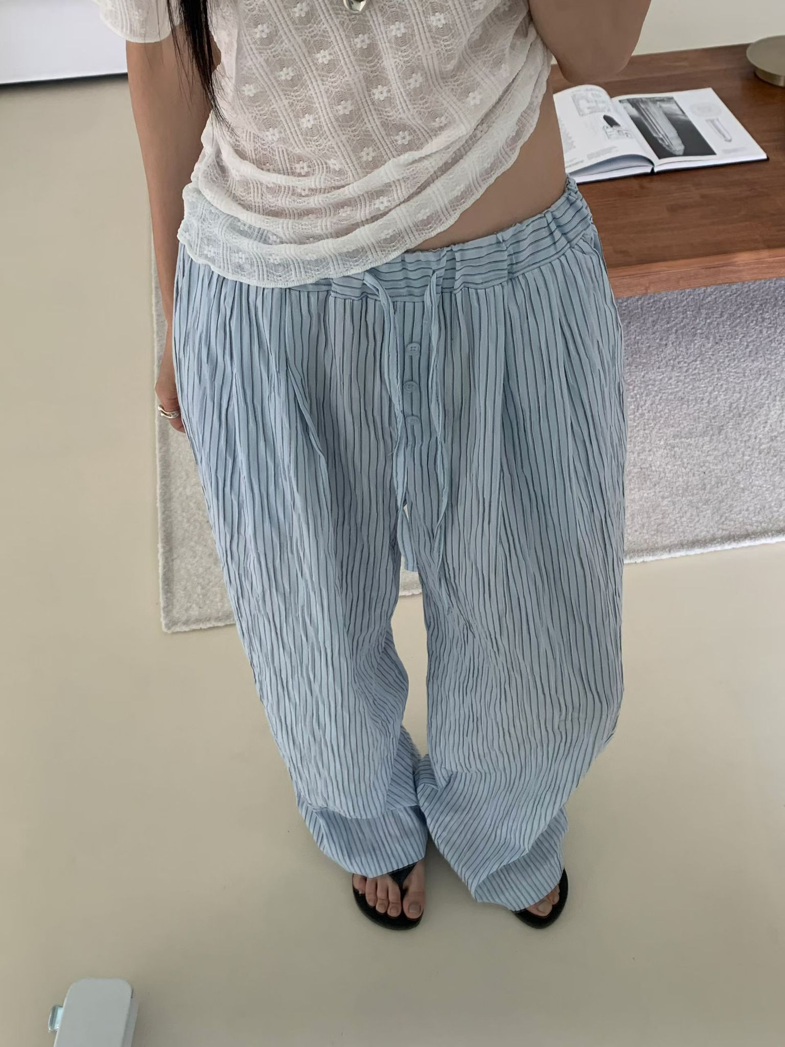 條紋慵懶闊褲(藍色)