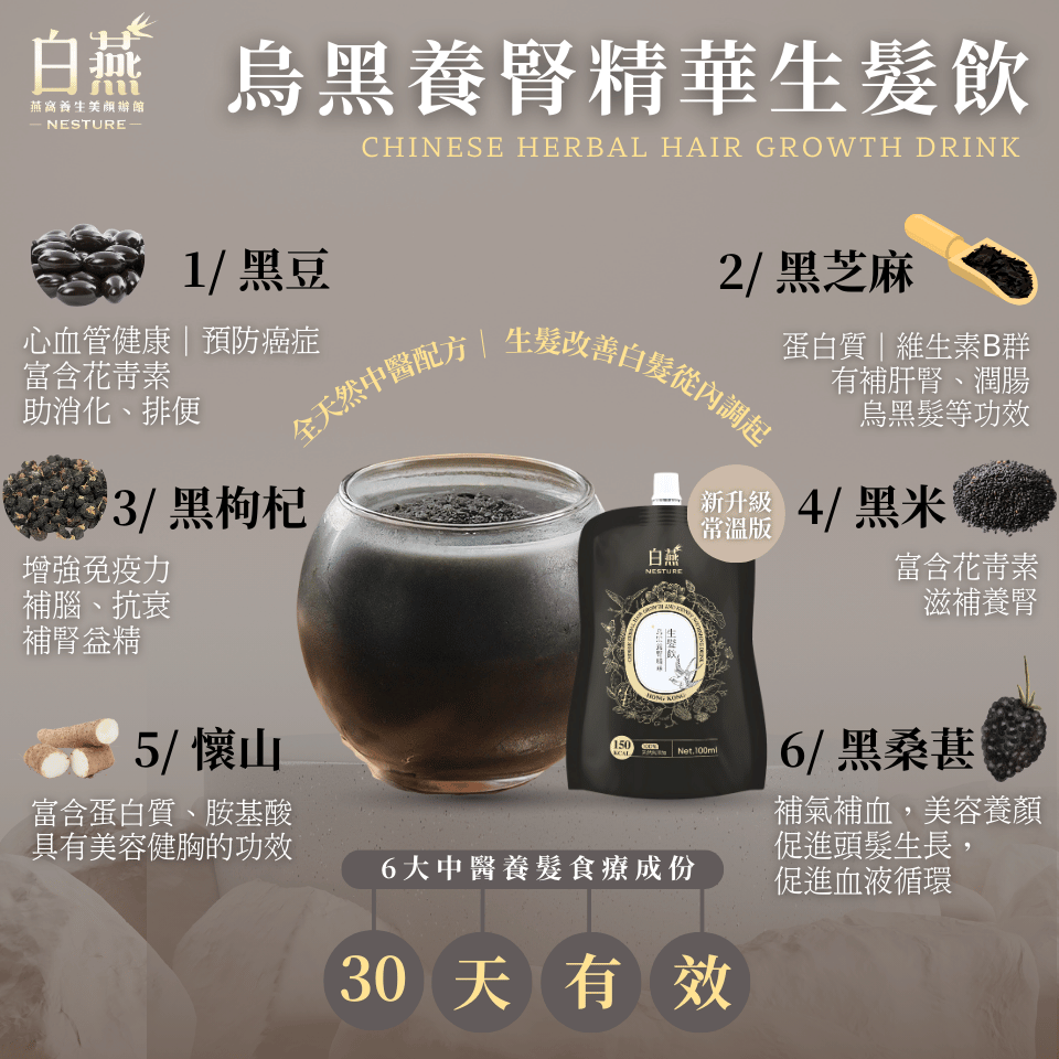 ZP001 白燕【內調生髮】烏黑養腎精華生髮飲 (生髮x改善腎虛必飲｜男女適用｜生髮食療)
