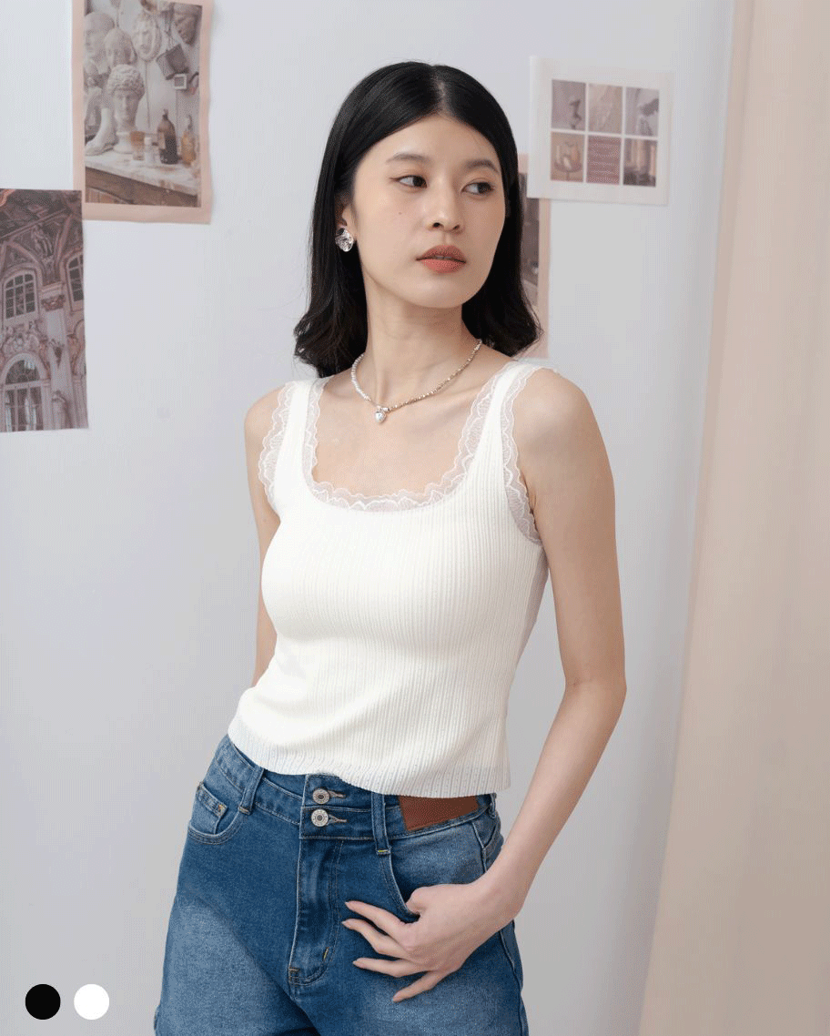 U領蕾絲花邊坑條小可愛