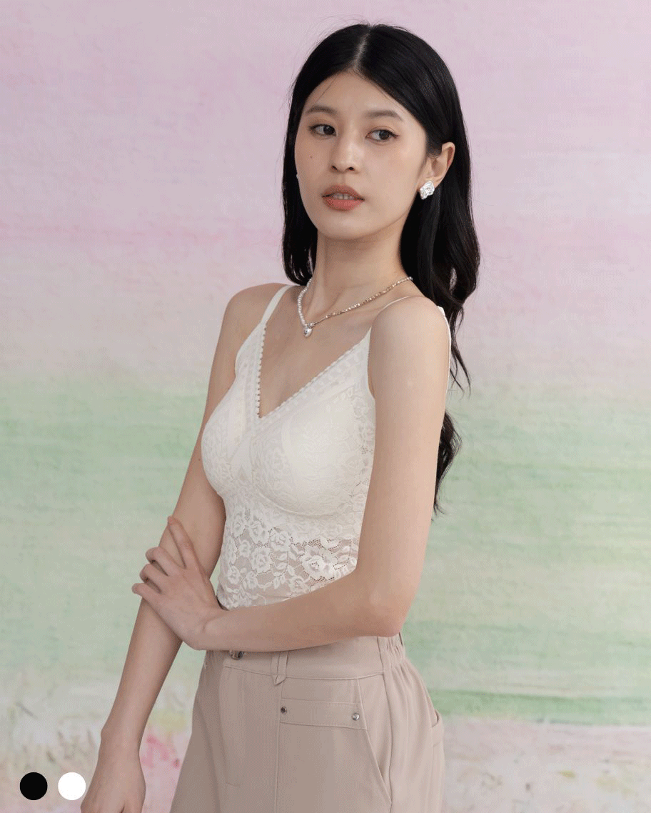 法式蕾絲花卉V領小可愛