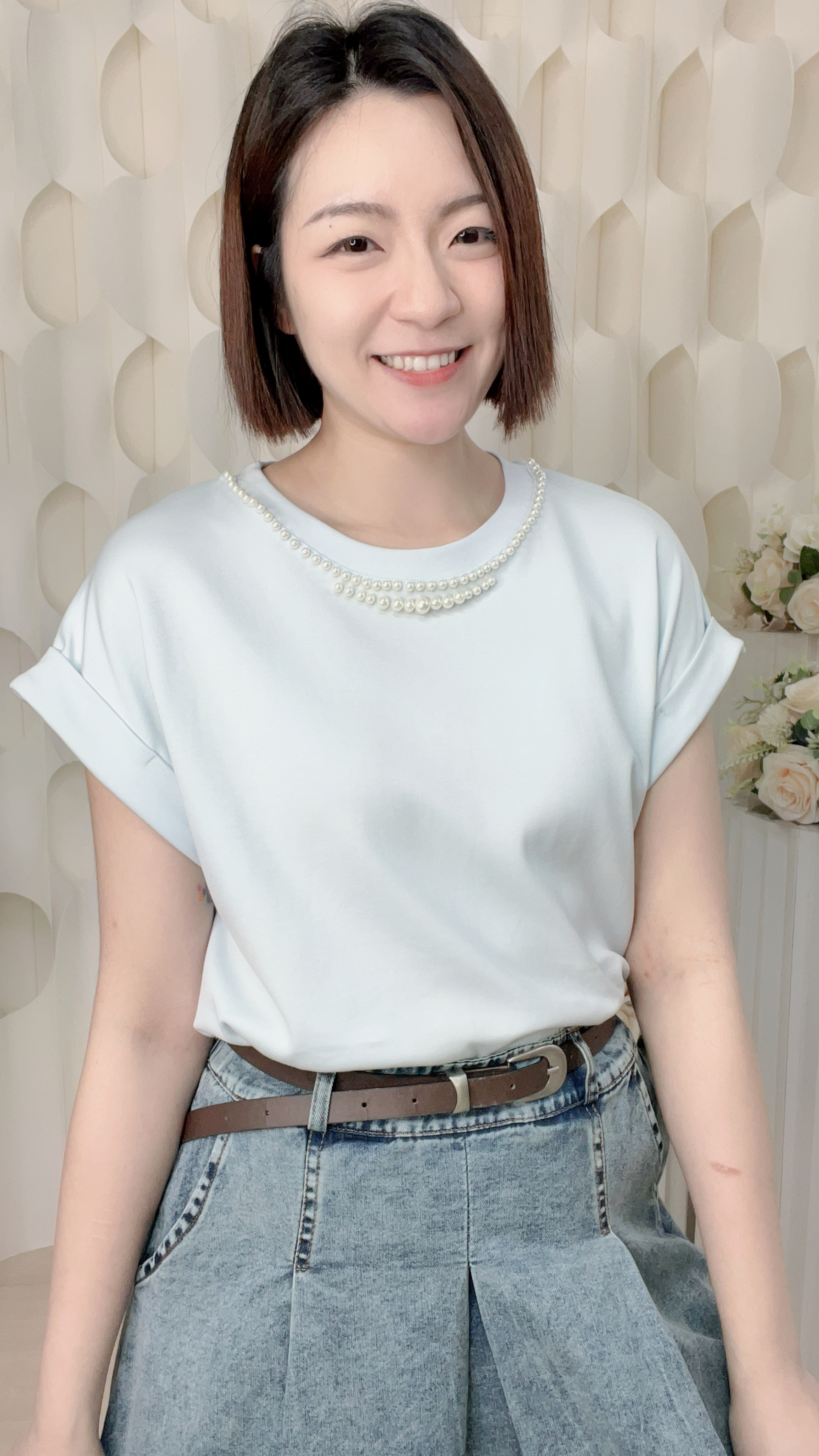 珍珠圍邊卷袖上衣 (胸40-46 腰40-46 長22吋) 56640 #1205clo