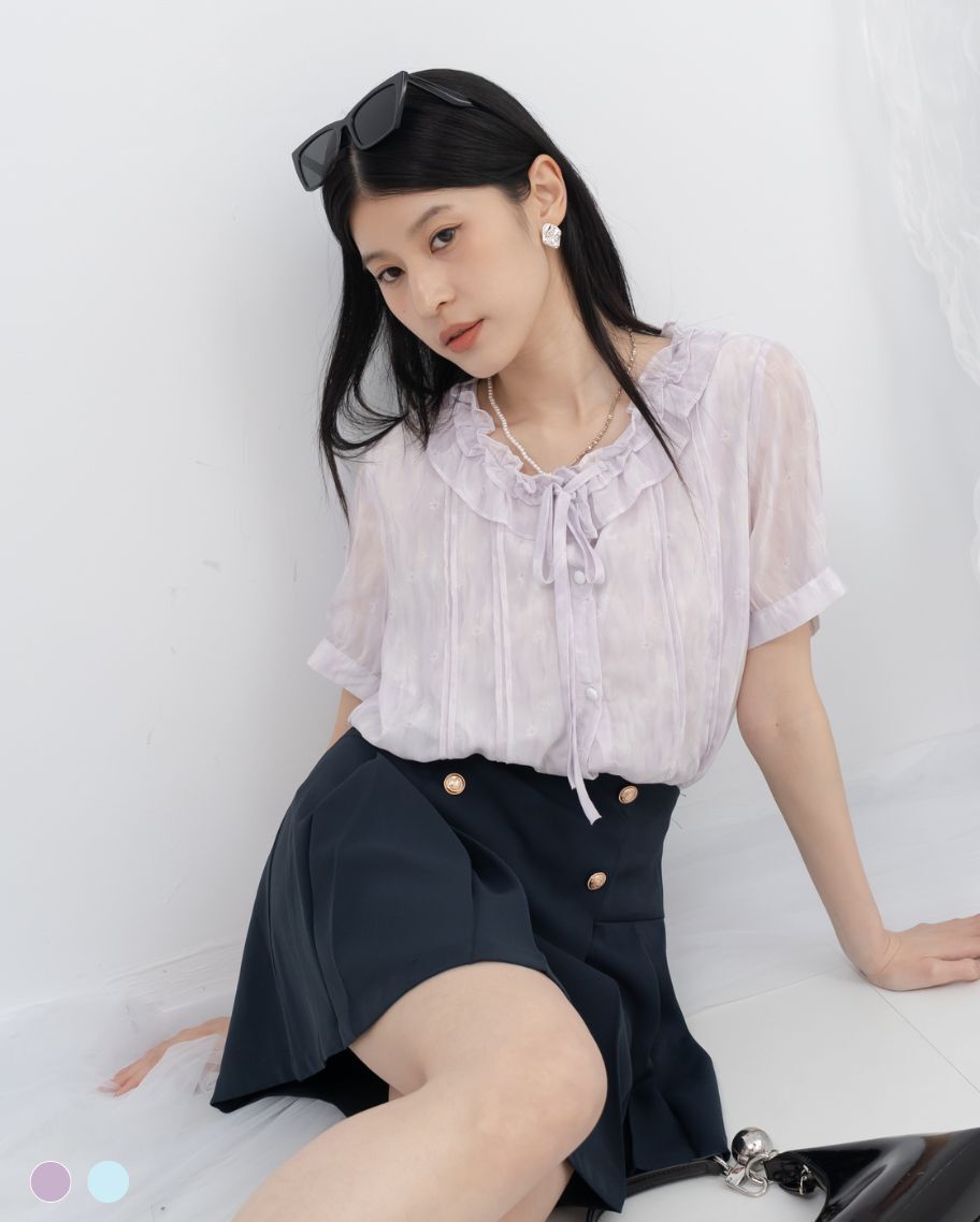 優雅暈染花領壓褶綁帶上衣