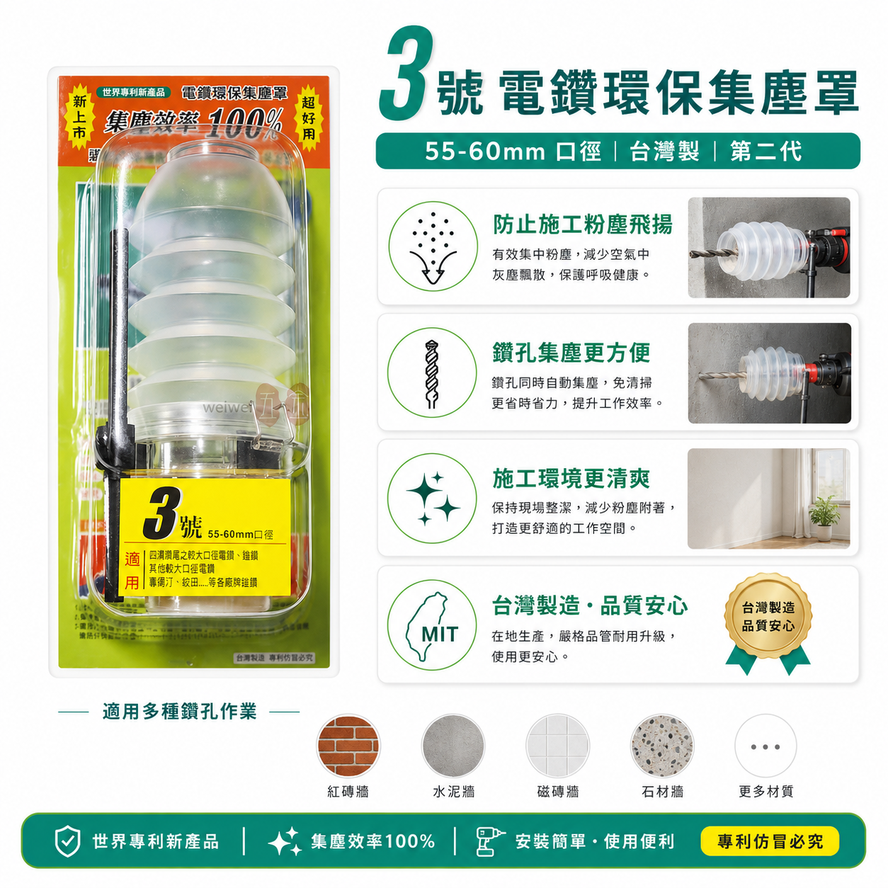 第二代電鑽環保集塵罩｜粉塵飛揚 電鑽集塵 電鑽施工灰塵的刻星 四溝電鑽用｜3號 口徑 55-60mm｜台灣製