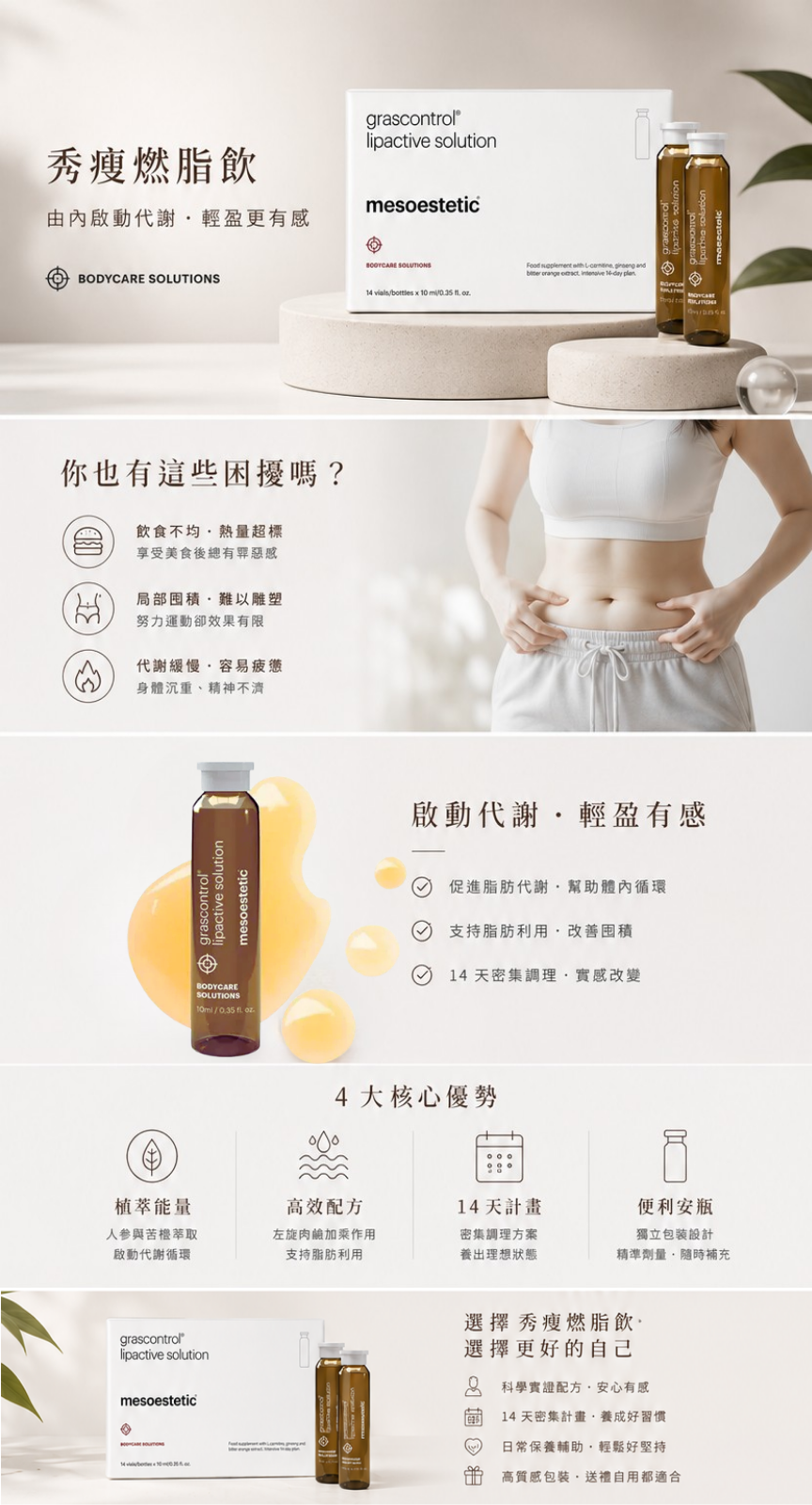 mesoestetic 秀瘦燃脂飲白色外盒與棕色獨立安瓶包裝,內含左旋肉鹼及人參萃取精華液,有助促進身體代謝與運動表現,是適合日常管理的口服燃脂補充品。