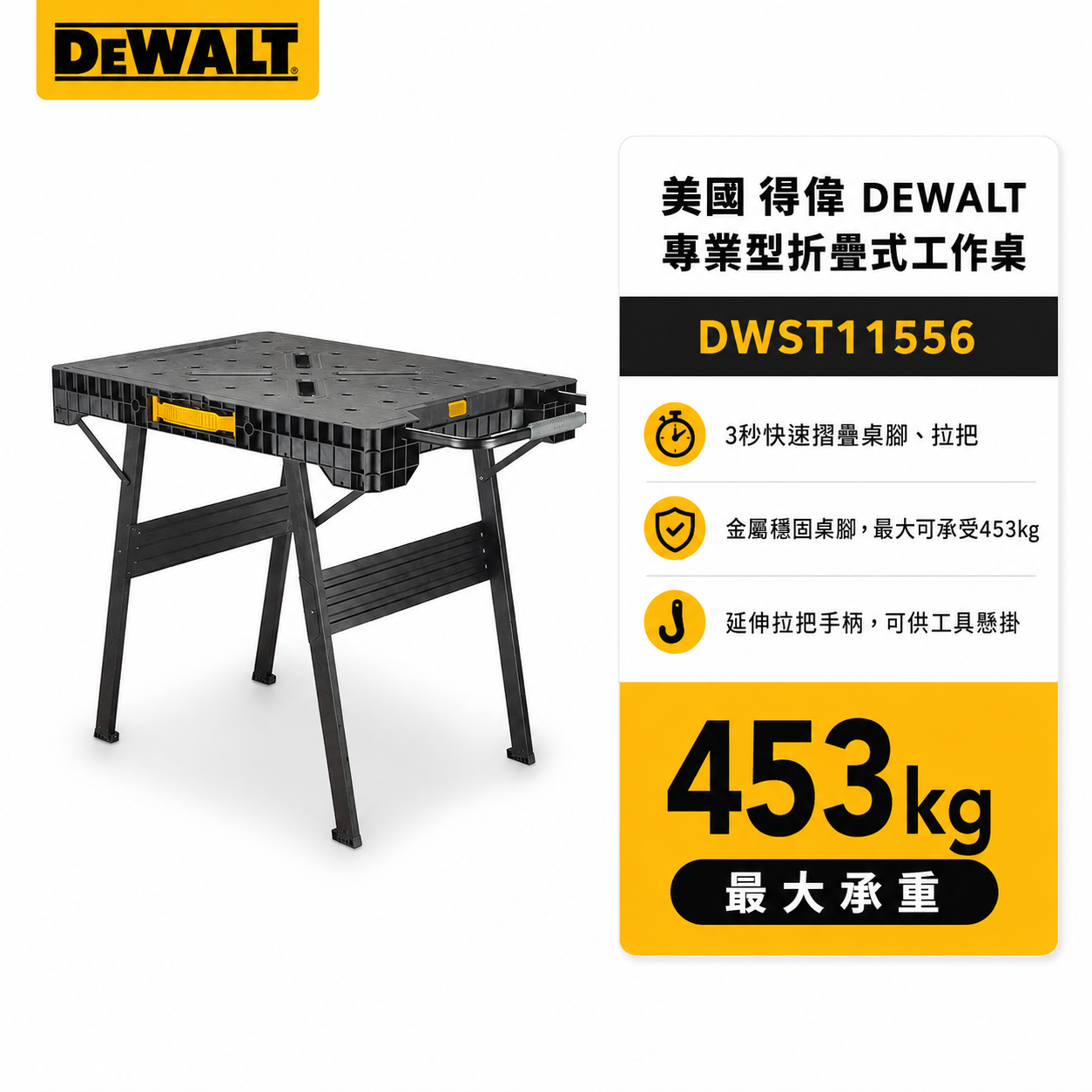 DEWALT 美國 得偉｜攜帶型 專業型折疊式工作桌 多功能快速摺疊工作台 耐重工作檯｜DWST11556｜公司貨