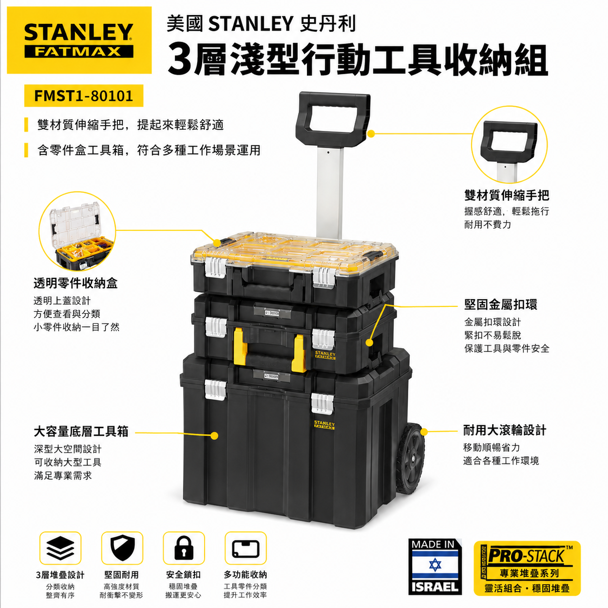 美國 STANLEY 史丹利｜FATMAX PRO-STACK 3層淺型行動工具收納組｜FMST1-80101｜工具箱 收納箱 零件盒 拉桿工具箱