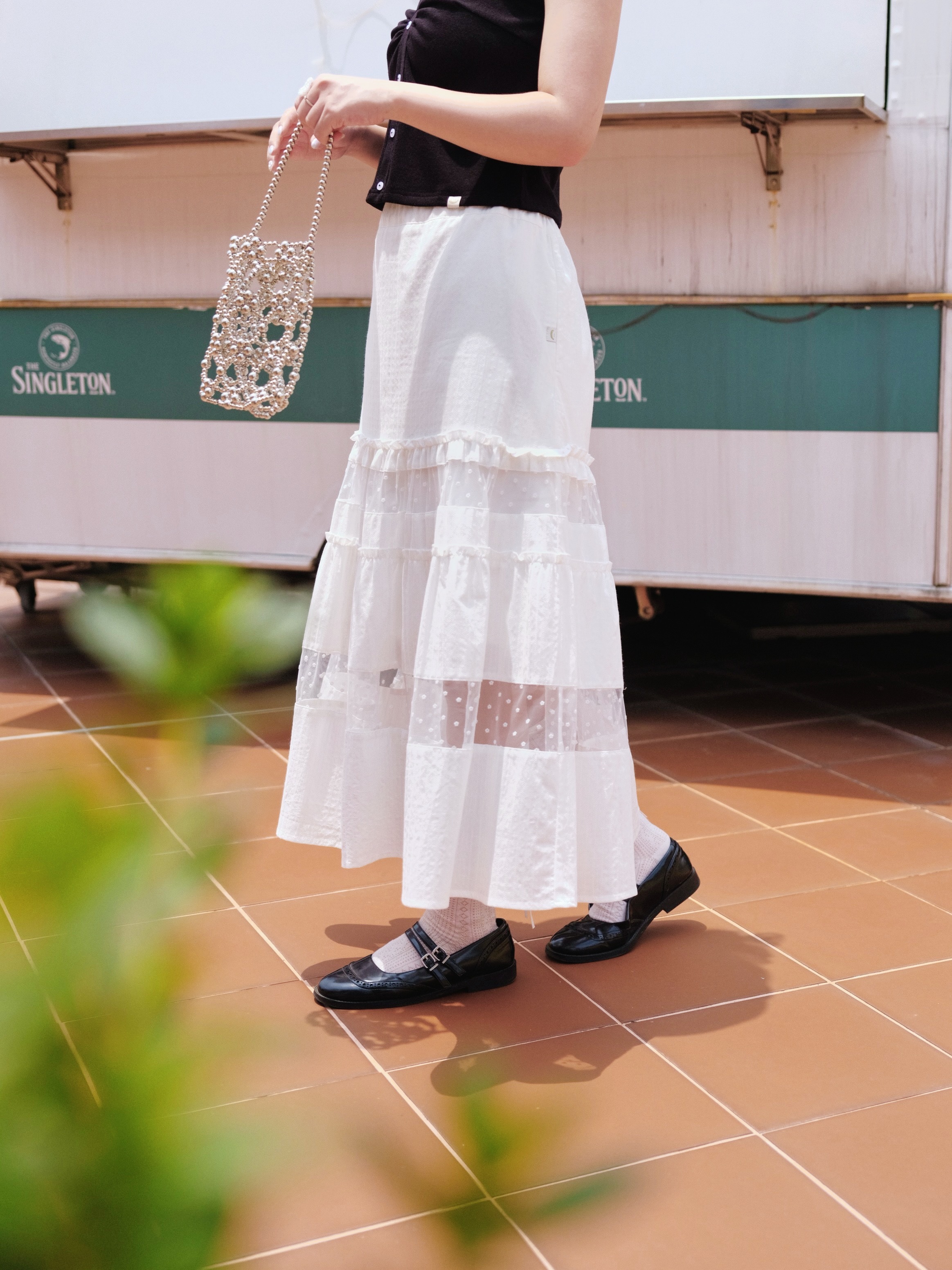 三色 / 小花透明間層蛋糕裙 / Dotted Floral Tulle Tiered Skirt