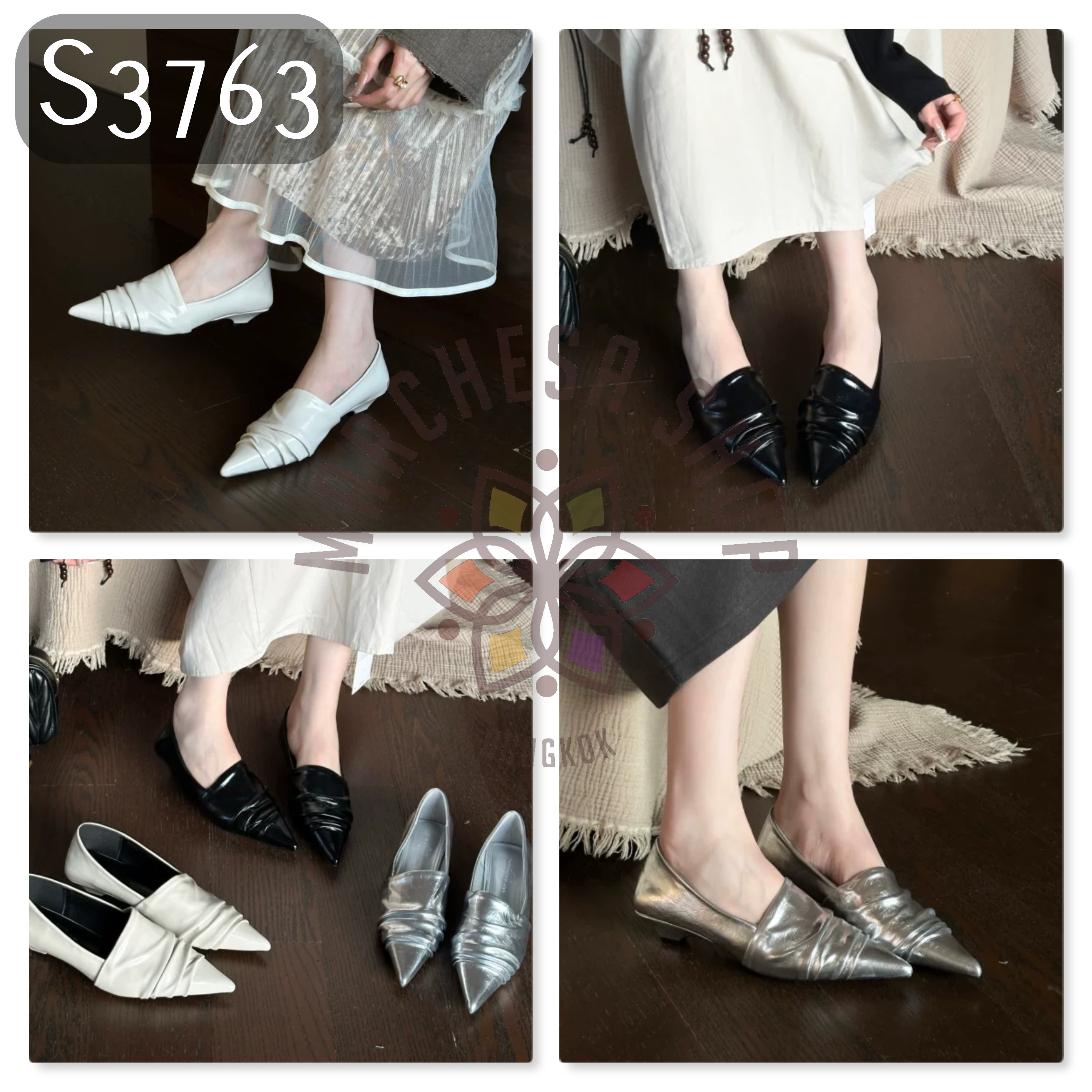 S3763 - 羊皮皺摺深口尖頭低踭鞋