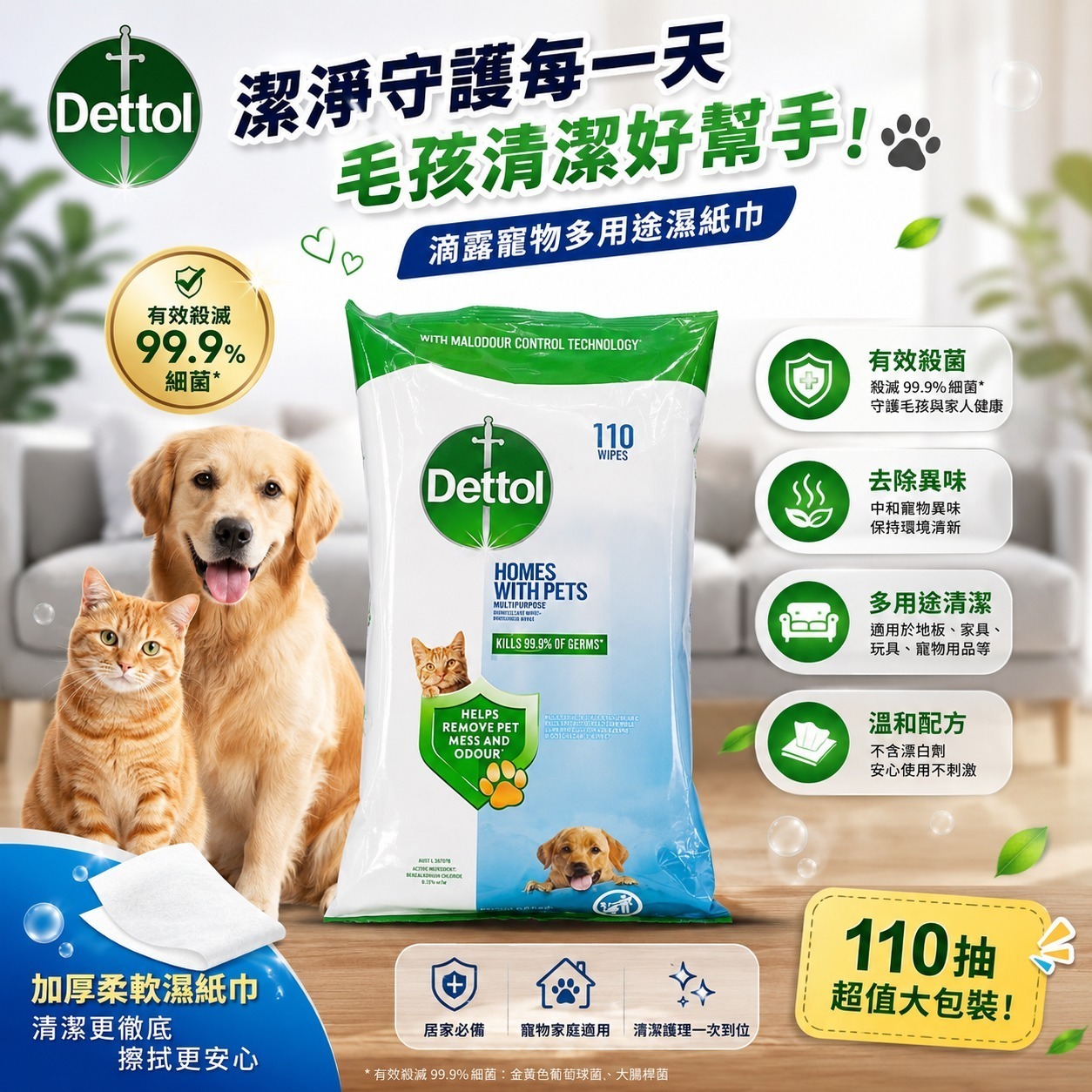 Dettol 滴露毛孩消毒濕紙巾 (1袋110張)