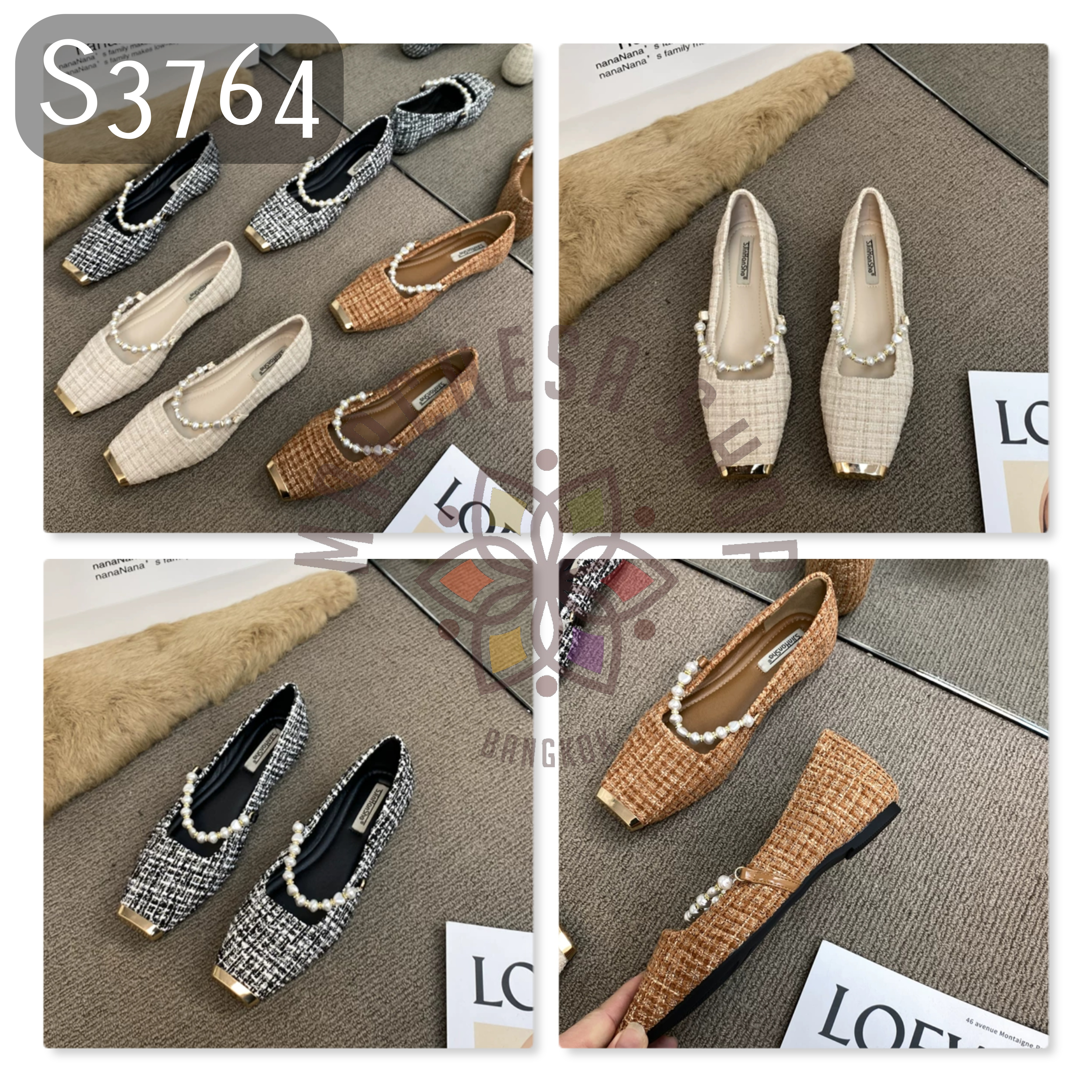 S3764 - 牛皮麻布一字帶珍珠方頭平底鞋