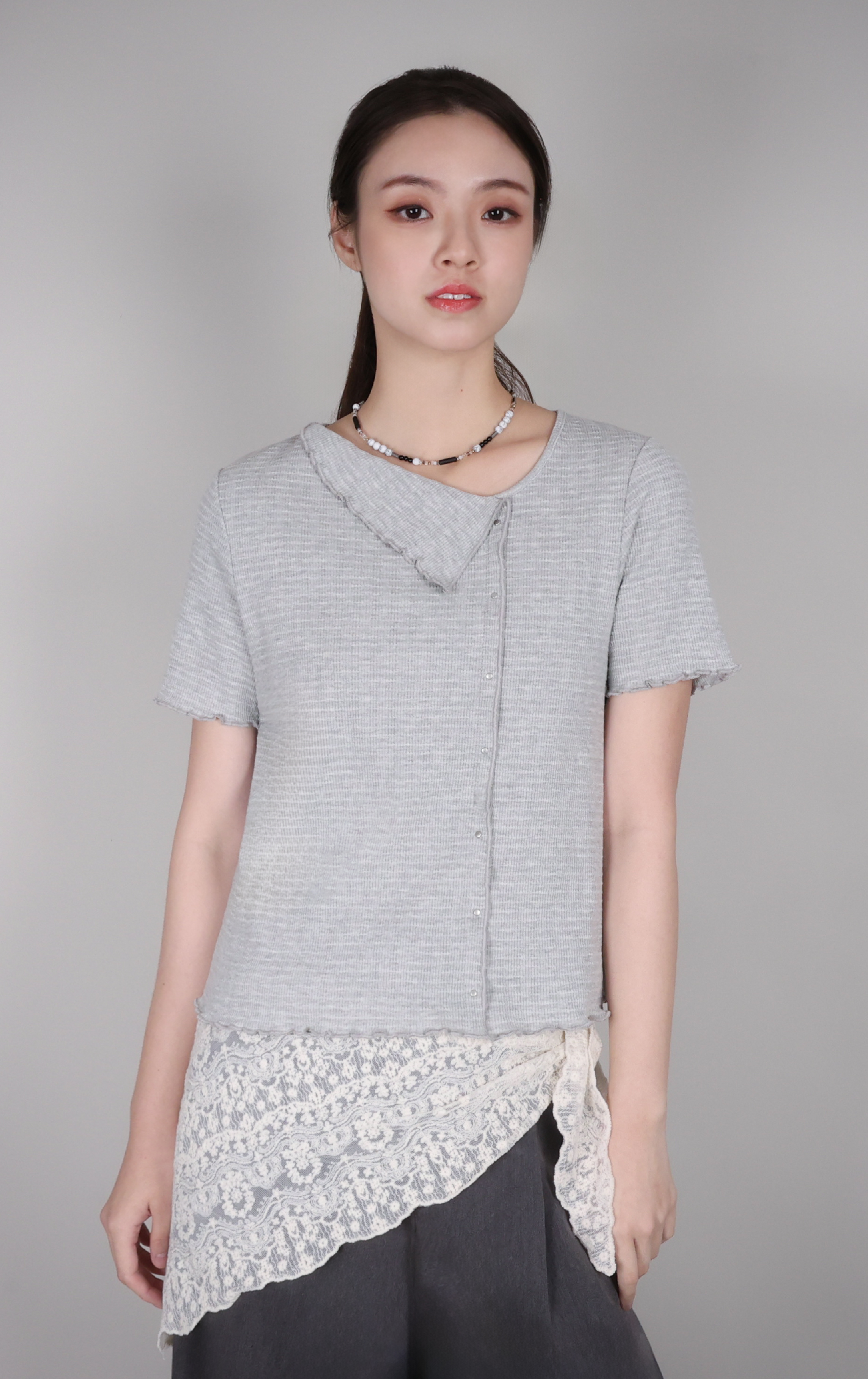 Asymmetric Ribbed Top with Trim ST0425