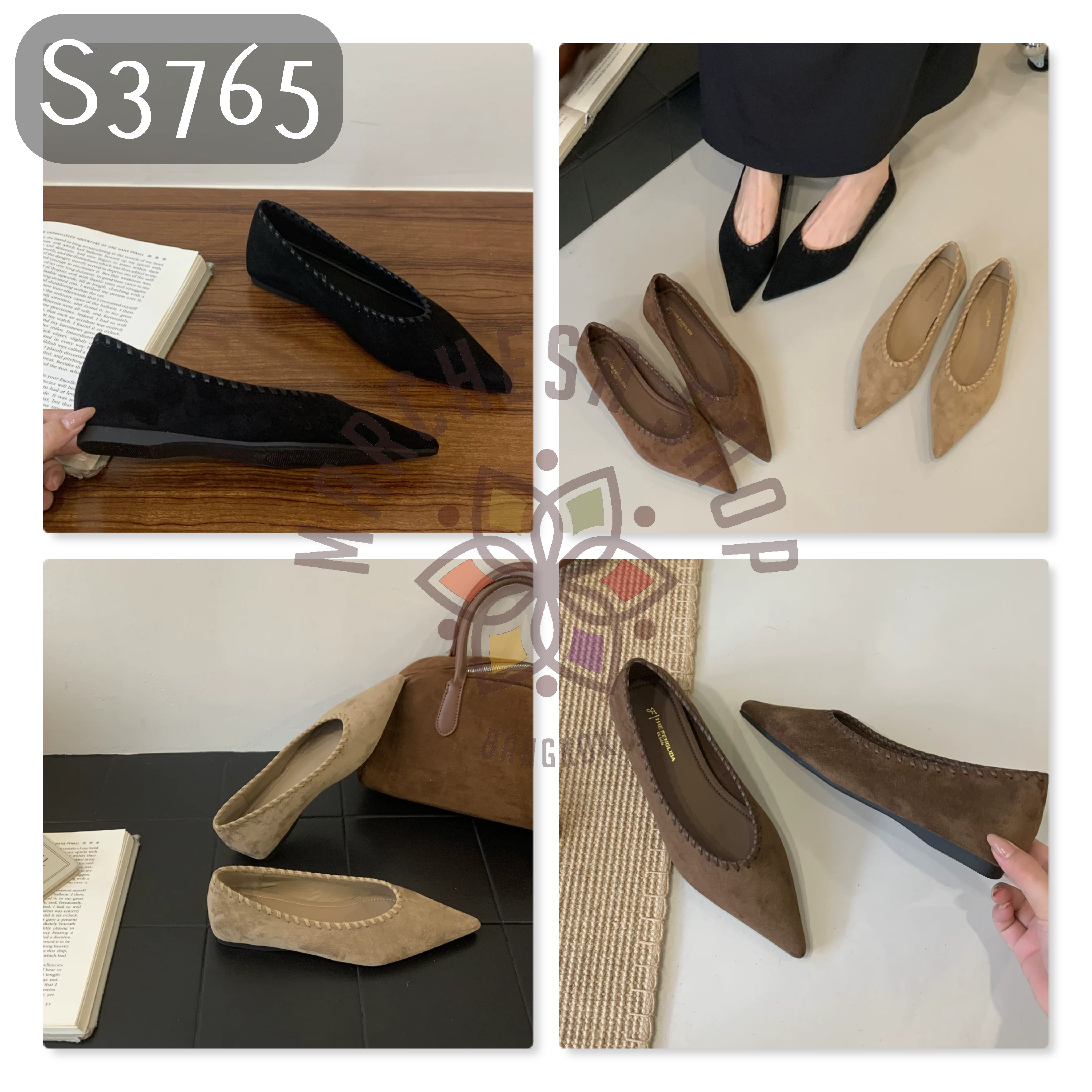 S3765 - 羊猄皮編織邊尖頭平底鞋