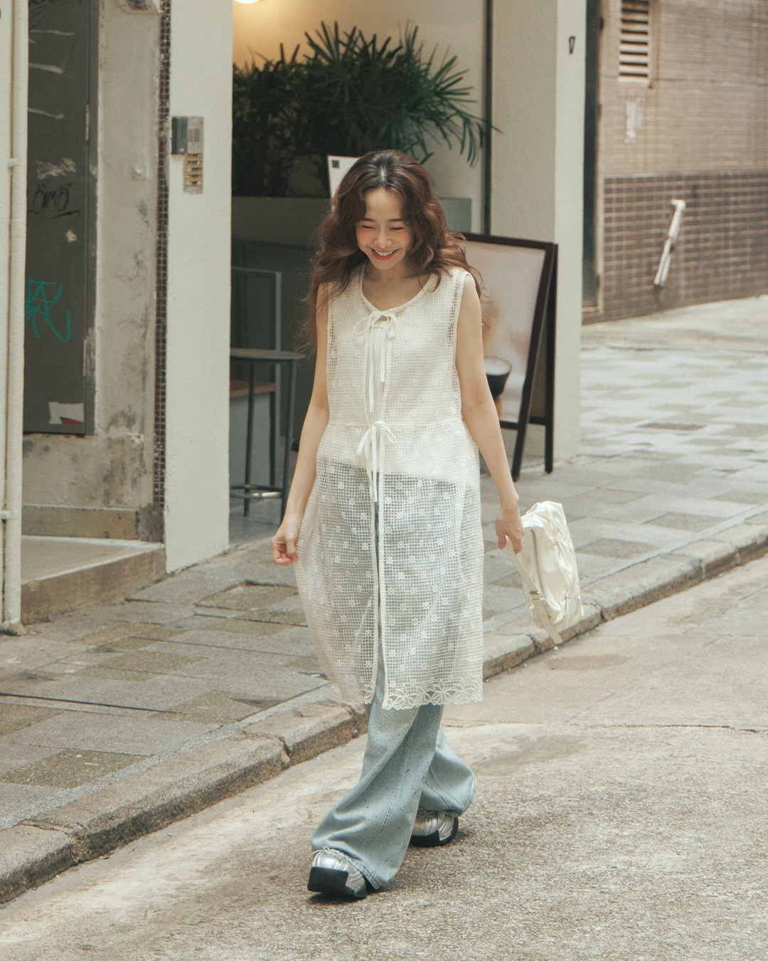 Floral double-strapped sheer plaid long vest cover-up【01099750】in stock+pre-order