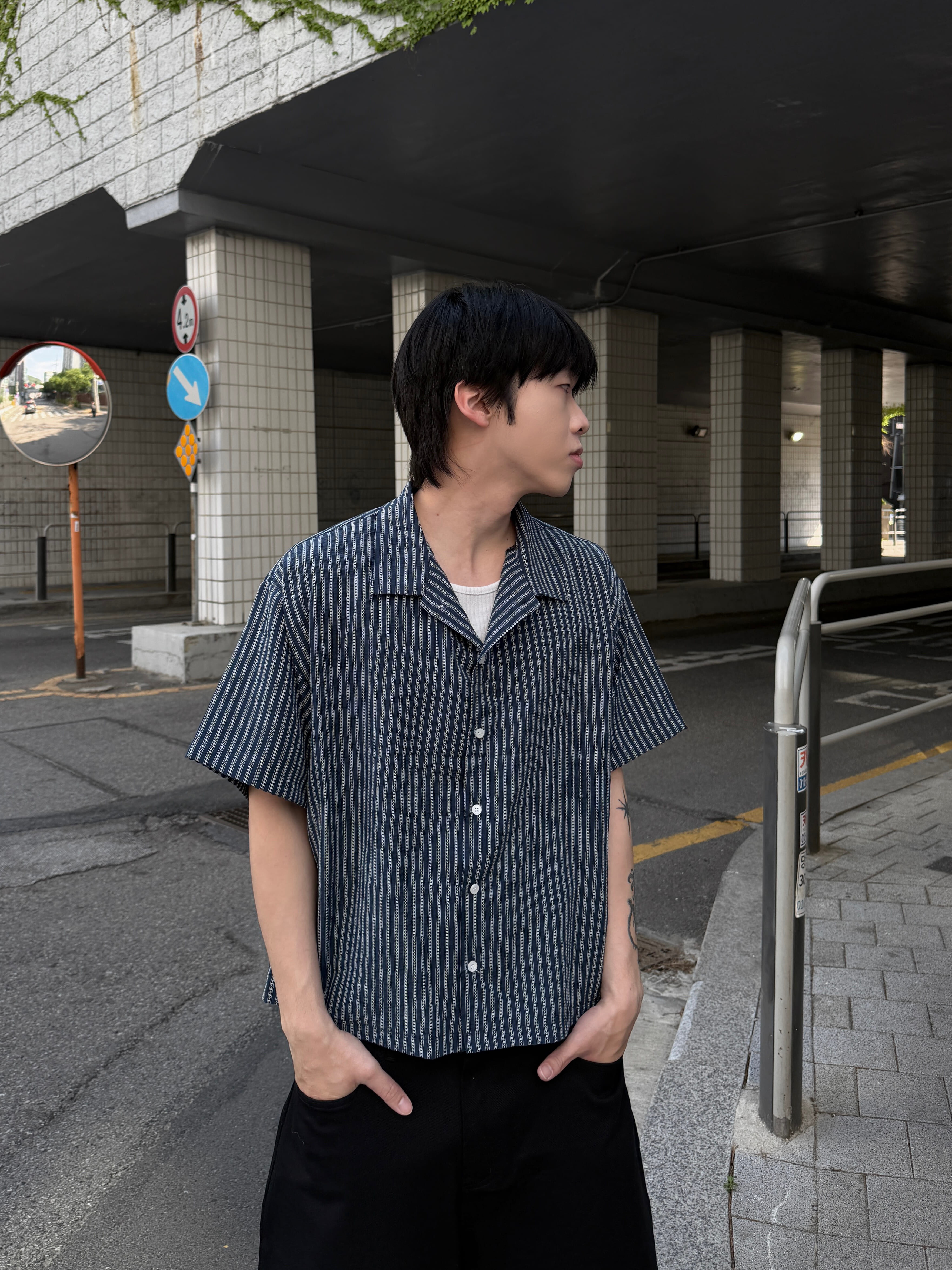 BOXY 斯文感 菱形格紋 重磅寬短襯衫