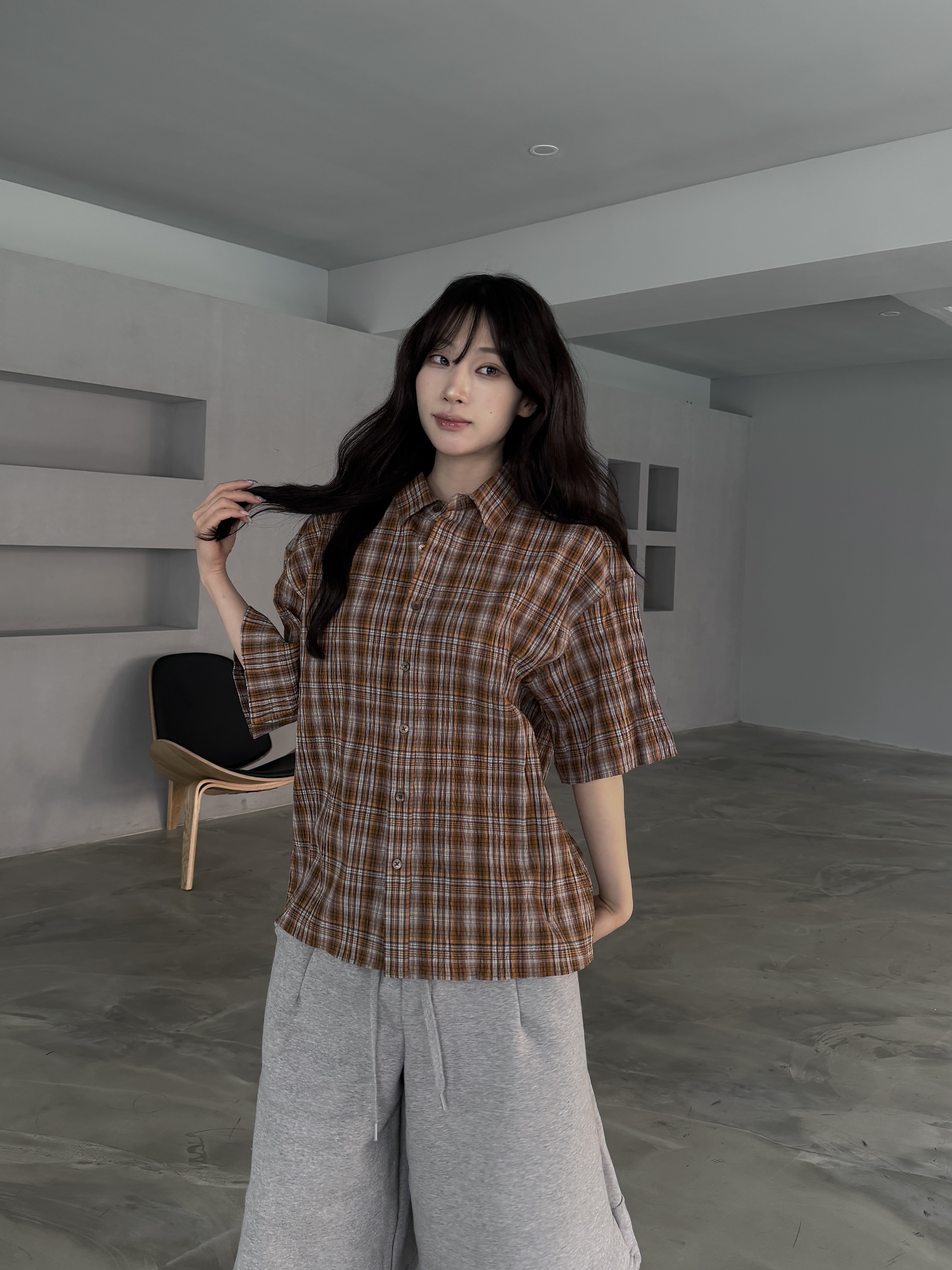 BOXY 美式格紋 皺摺寬鬆短袖襯衫