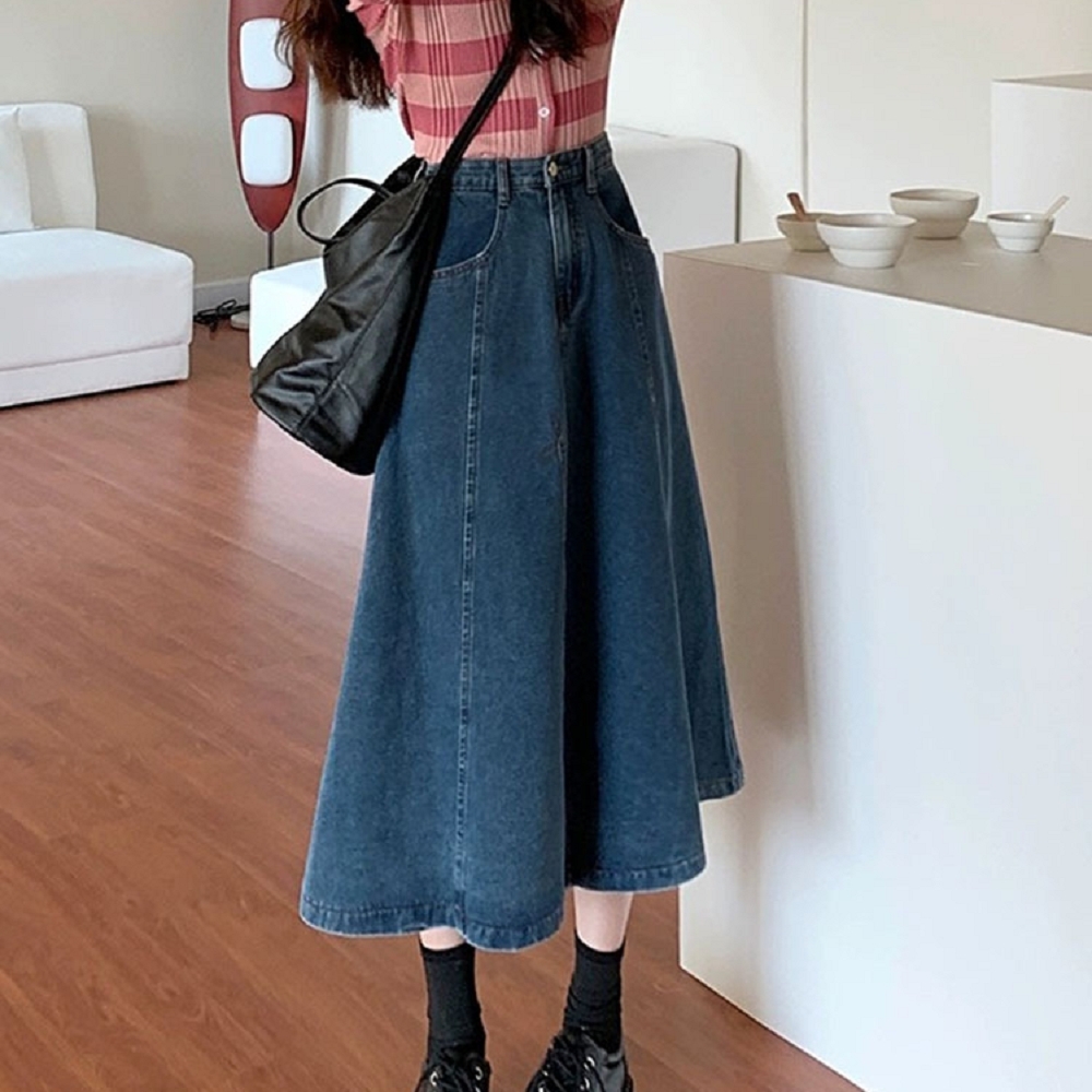 【ASister 小姊姊】AS2464#女裝｜中大尺碼裙子☆A字顯瘦傘狀半身長裙(藍色 S-5XL)