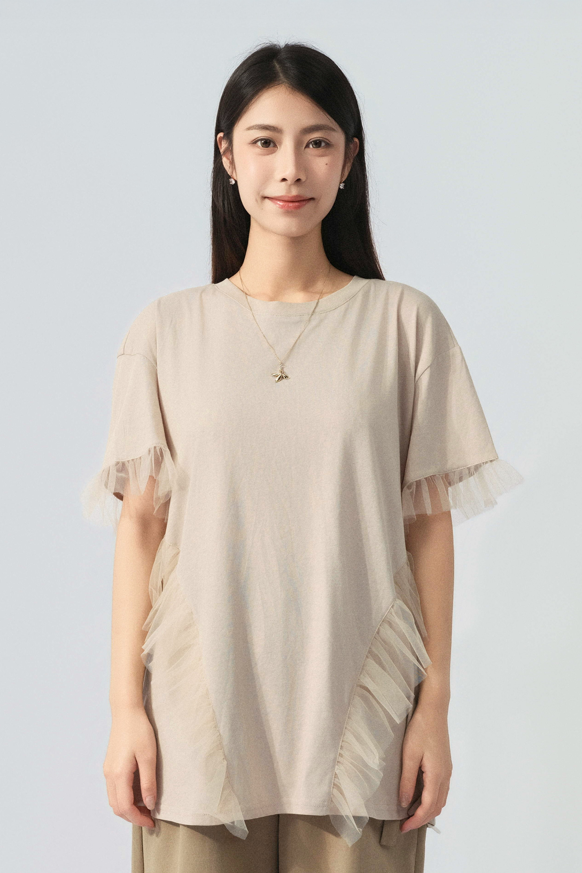 網紗荷葉邊闊身tee (預購產品）